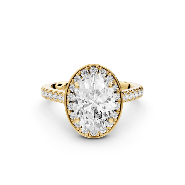 Beatrice - 2ct 14k yellow gold oval stone in rollover halo with diamond bridge and pavé engagement ring - Mr. Alex Jewelry