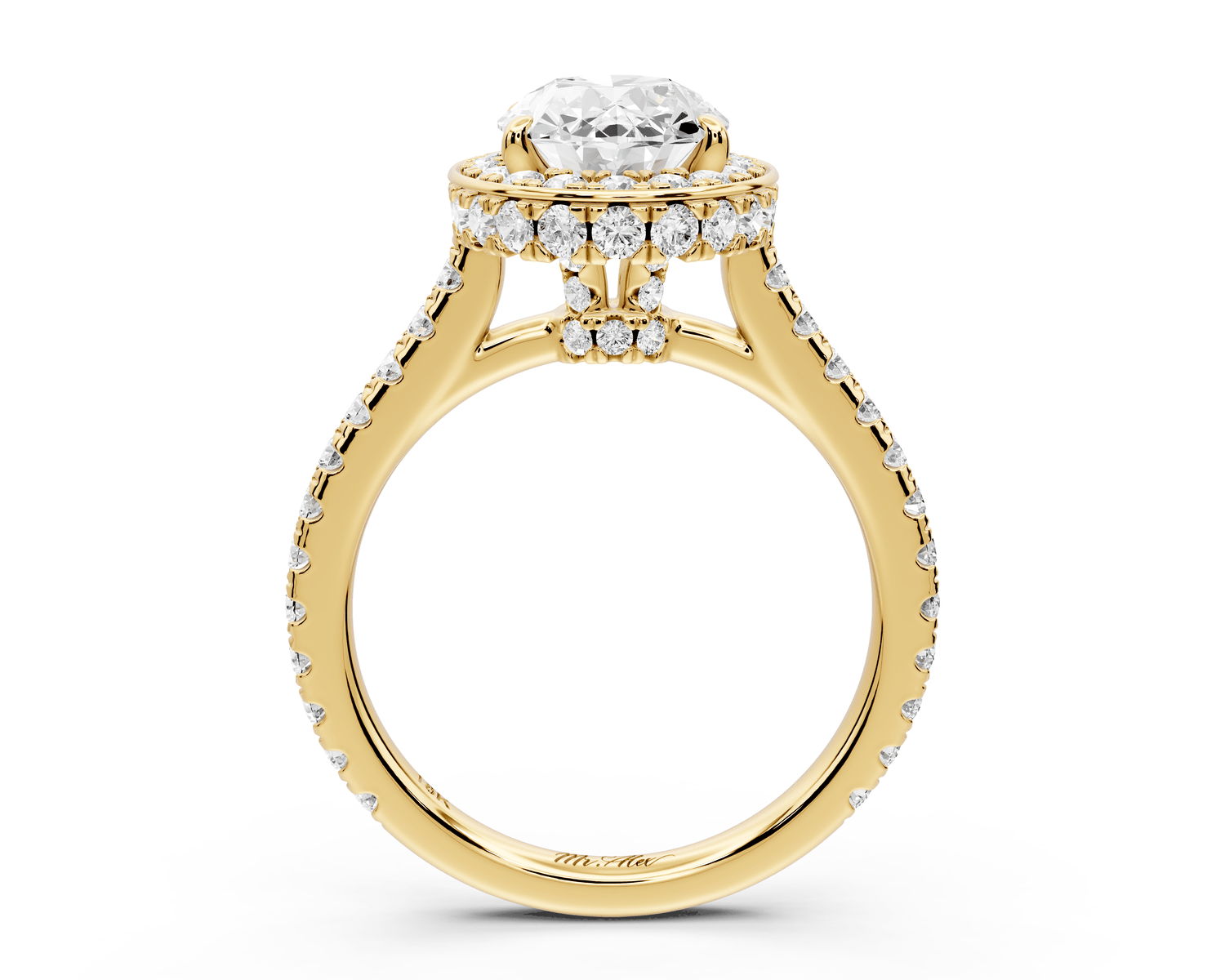 Beatrice - 2ct 14k yellow gold oval stone in rollover halo with diamond bridge and pavé engagement ring - Mr. Alex Jewelry