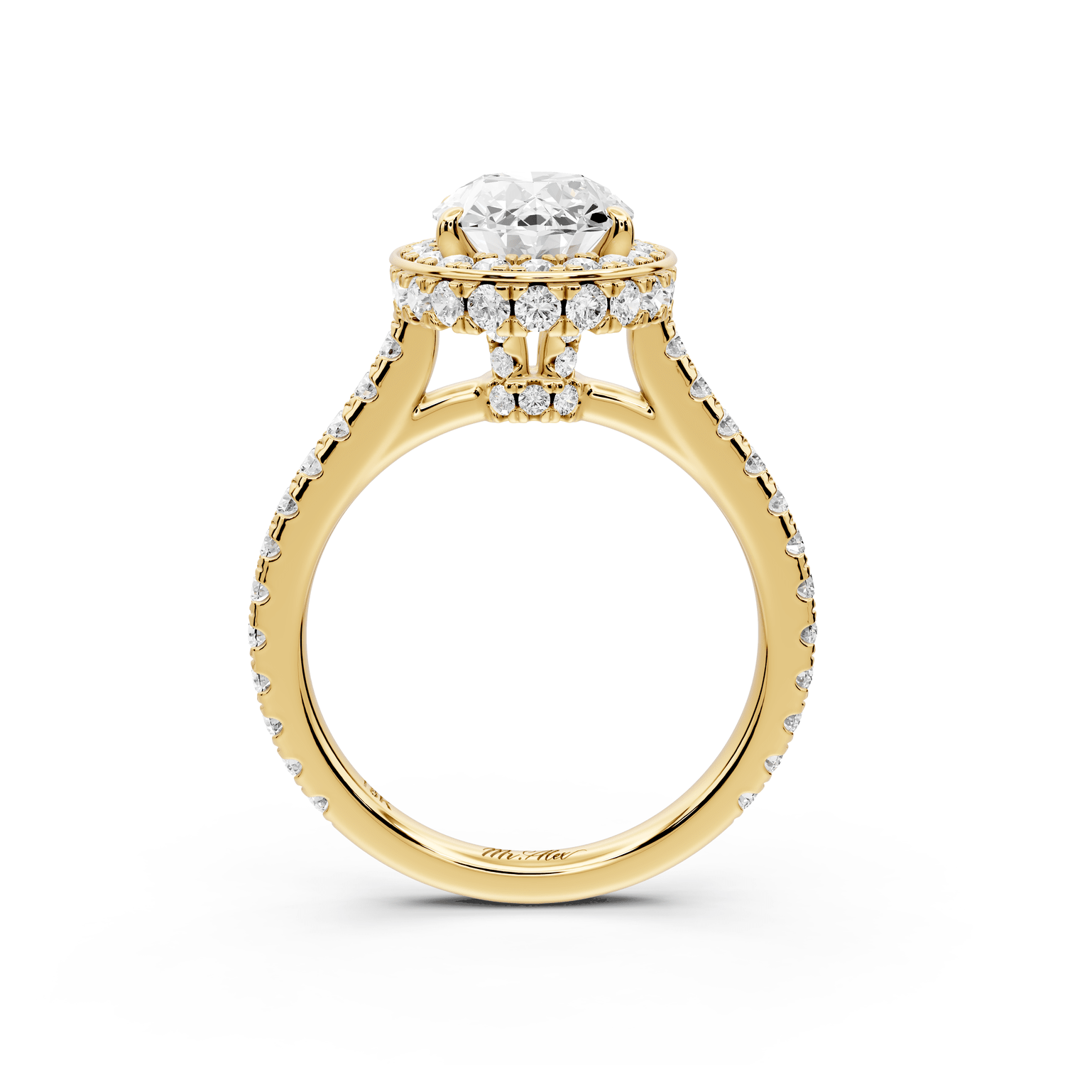 Beatrice - 2ct 14k yellow gold oval stone in rollover halo with diamond bridge and pavé engagement ring - Mr. Alex Jewelry