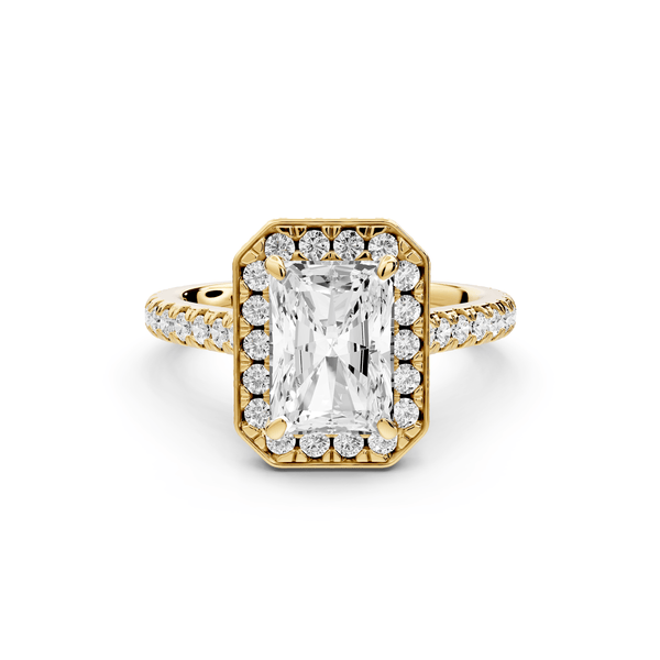 Beatrice - 2ct 14k yellow gold radiant stone in rollover halo with diamond bridge and pavé engagement ring - Mr. Alex Jewelry