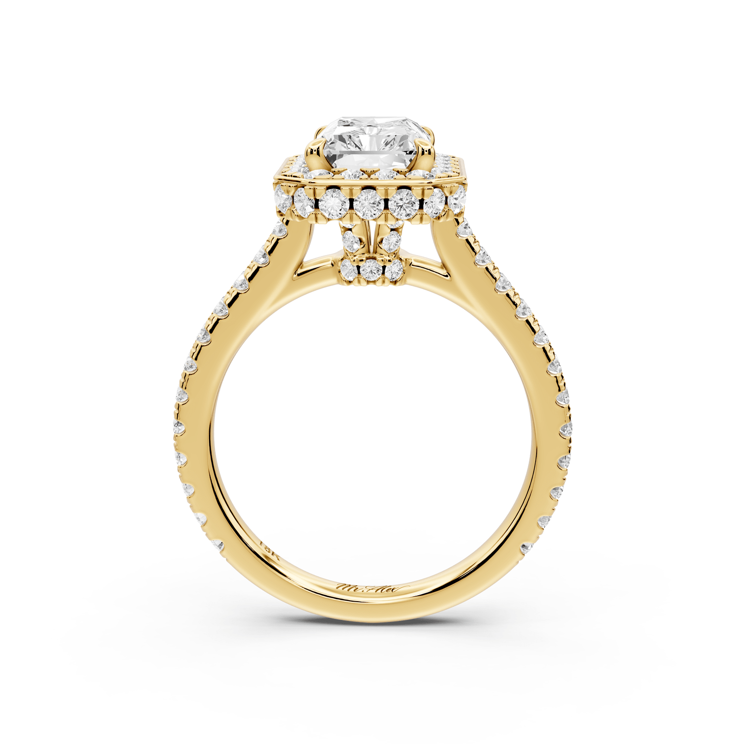 Beatrice - 2ct 14k yellow gold radiant stone in rollover halo with diamond bridge and pavé engagement ring - Mr. Alex Jewelry