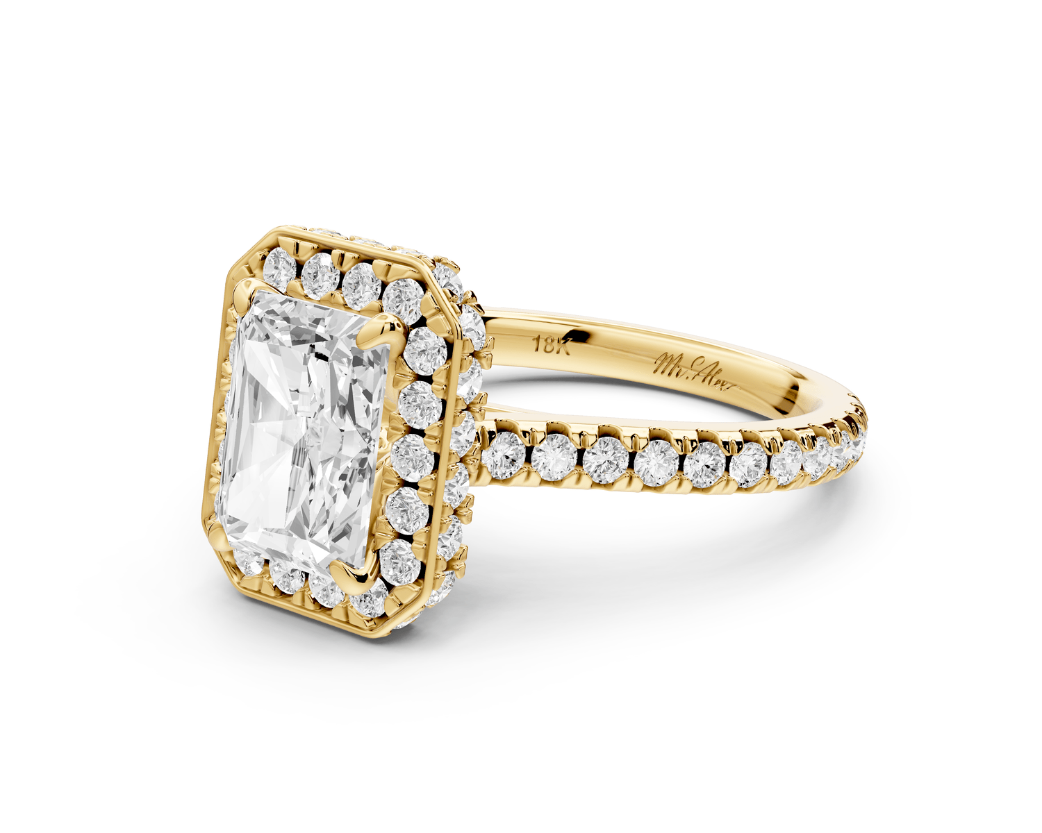 Beatrice - 2ct 14k yellow gold radiant stone in rollover halo with diamond bridge and pavé engagement ring - Mr. Alex Jewelry