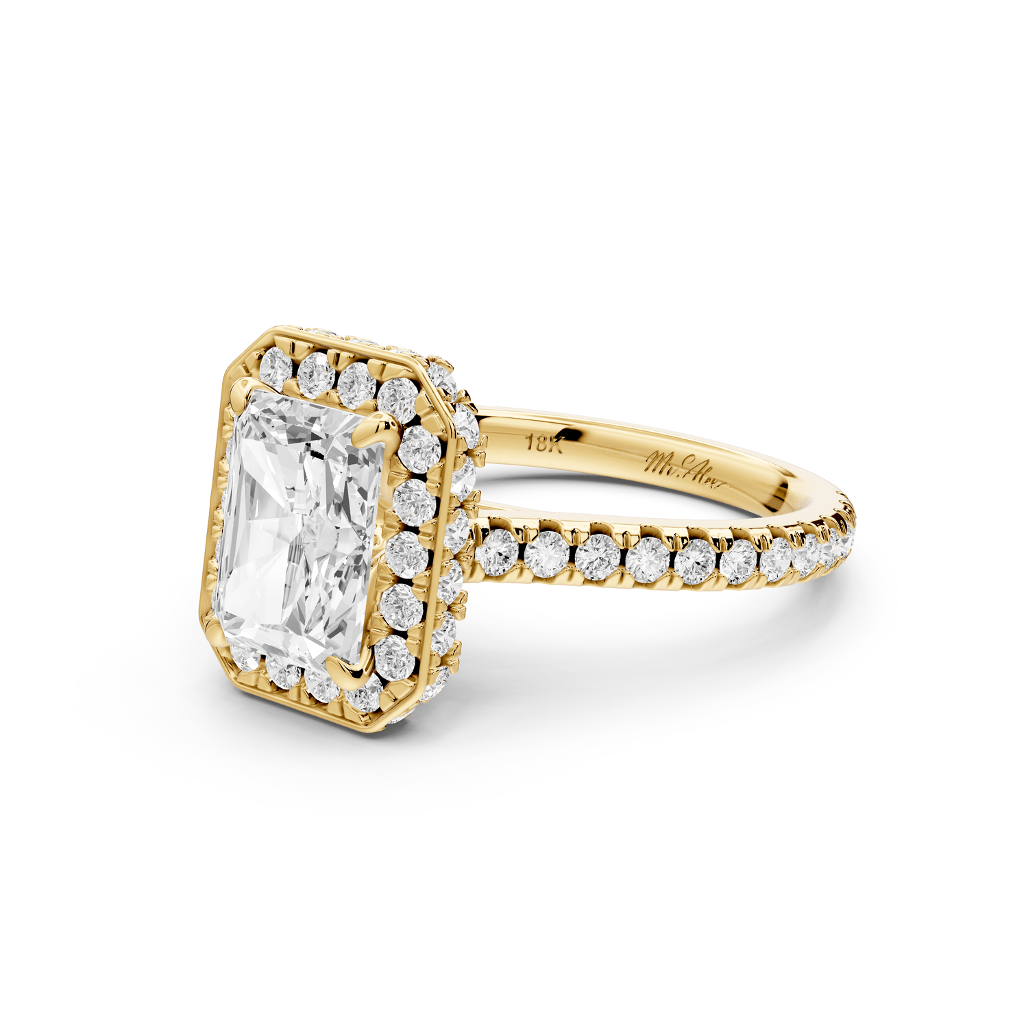 Beatrice - 2ct 14k yellow gold radiant stone in rollover halo with diamond bridge and pavé engagement ring - Mr. Alex Jewelry