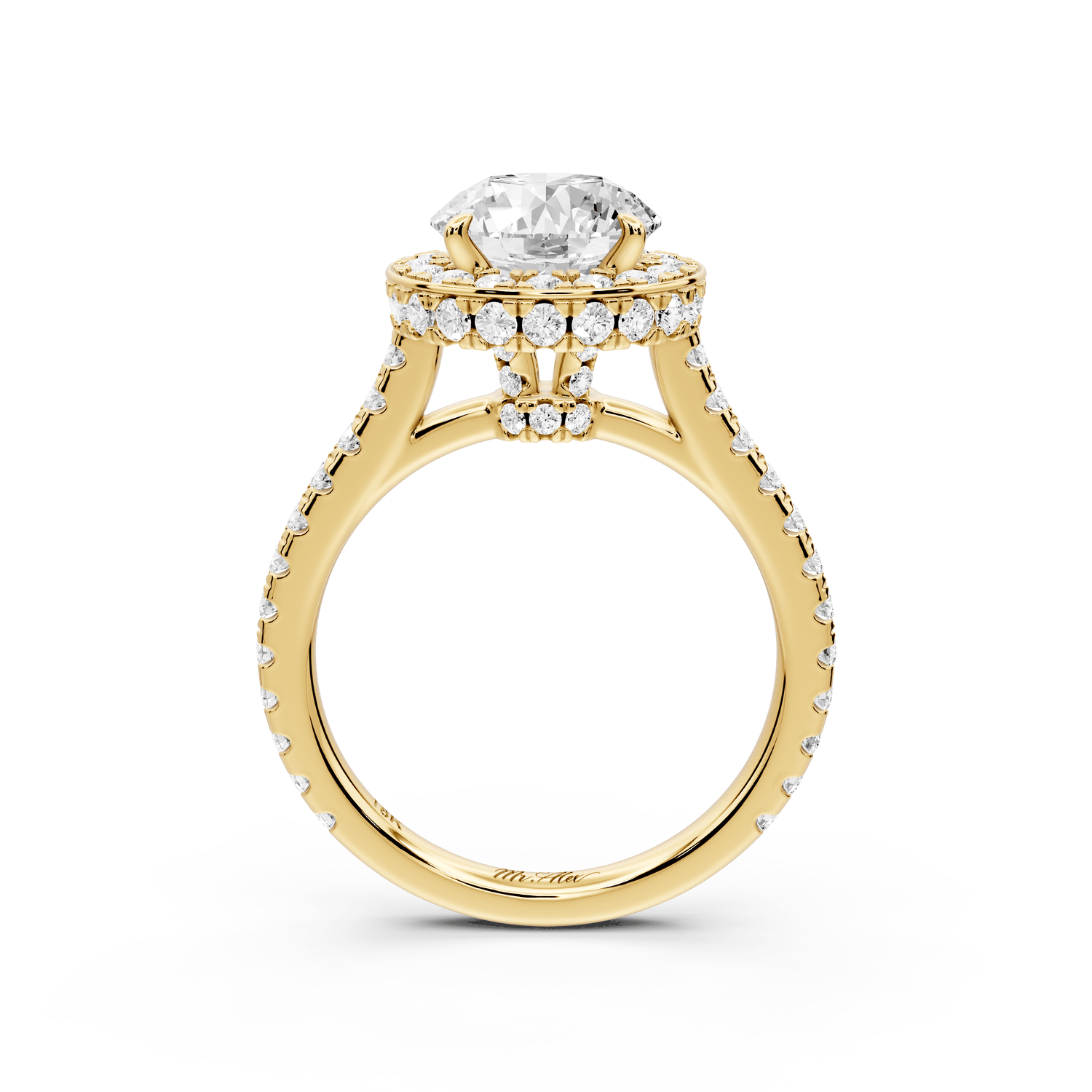 Beatrice - 2ct 14k yellow gold round stone in rollover halo with diamond bridge and pavé engagement ring - Mr. Alex Jewelry