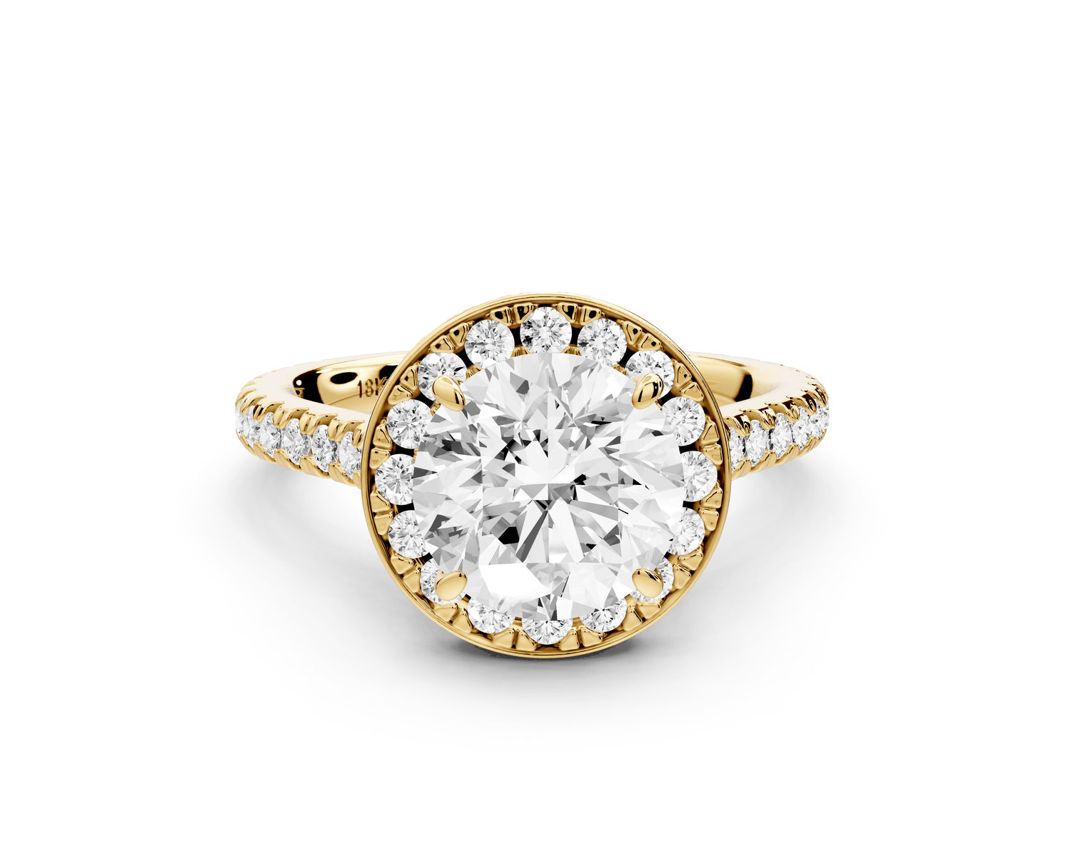Beatrice - 2ct 14k yellow gold round stone in rollover halo with diamond bridge and pavé engagement ring - Mr. Alex Jewelry