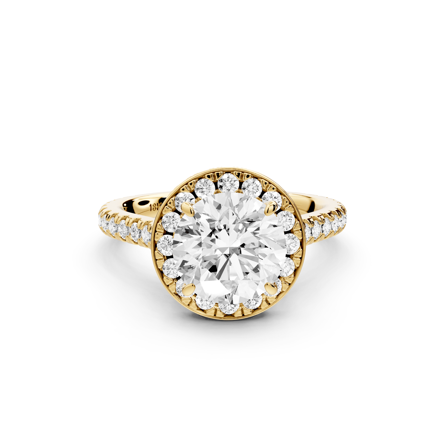 Beatrice - 2ct 14k yellow gold round stone in rollover halo with diamond bridge and pavé engagement ring - Mr. Alex Jewelry