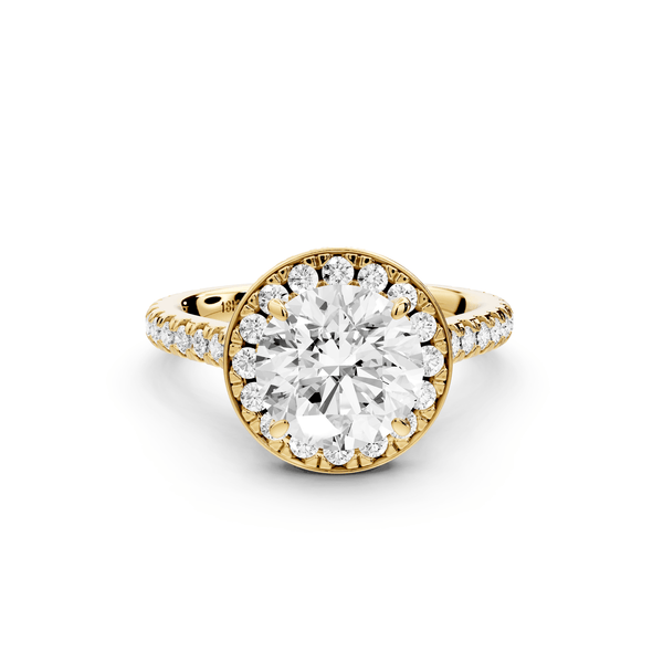 Beatrice - 2ct 14k yellow gold round stone in rollover halo with diamond bridge and pavé engagement ring - Mr. Alex Jewelry