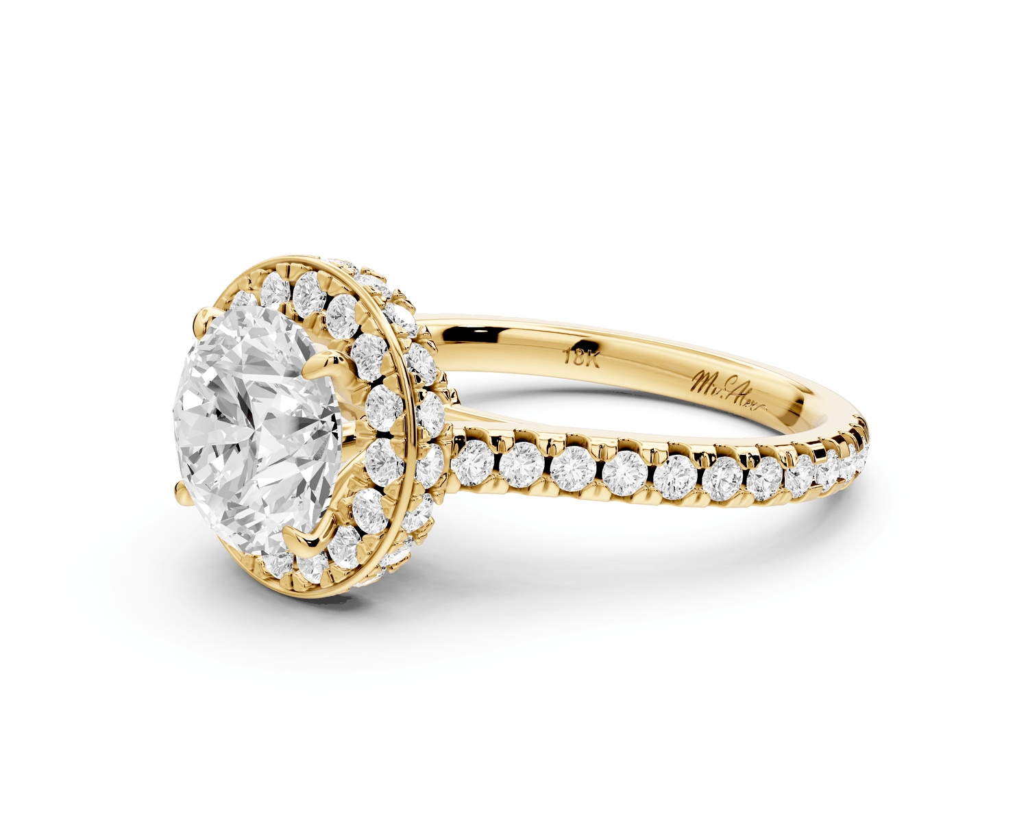 Beatrice - 2ct 14k yellow gold round stone in rollover halo with diamond bridge and pavé engagement ring - Mr. Alex Jewelry