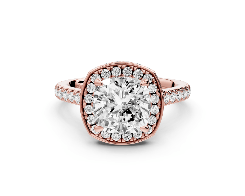 Beatrice - 2ct 18k rose gold cushion stone in rollover halo with diamond bridge and pavé engagement ring - Mr. Alex Jewelry