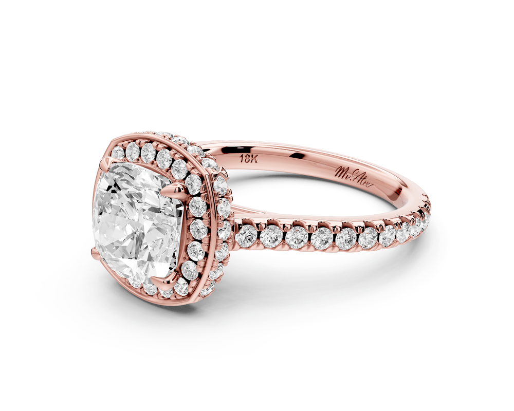 Beatrice - 2ct 18k rose gold cushion stone in rollover halo with diamond bridge and pavé engagement ring - Mr. Alex Jewelry