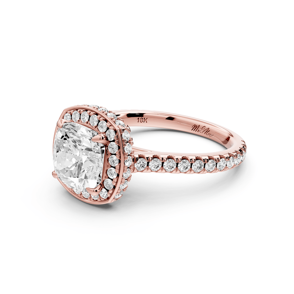 Beatrice - 2ct 18k rose gold cushion stone in rollover halo with diamond bridge and pavé engagement ring - Mr. Alex Jewelry