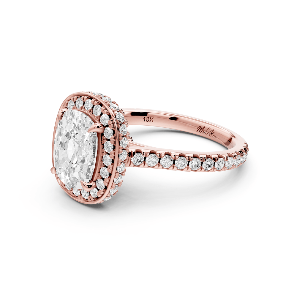 Beatrice - 2ct 18k rose gold ecushion stone in rollover halo with diamond bridge and pavé engagement ring - Mr. Alex Jewelry