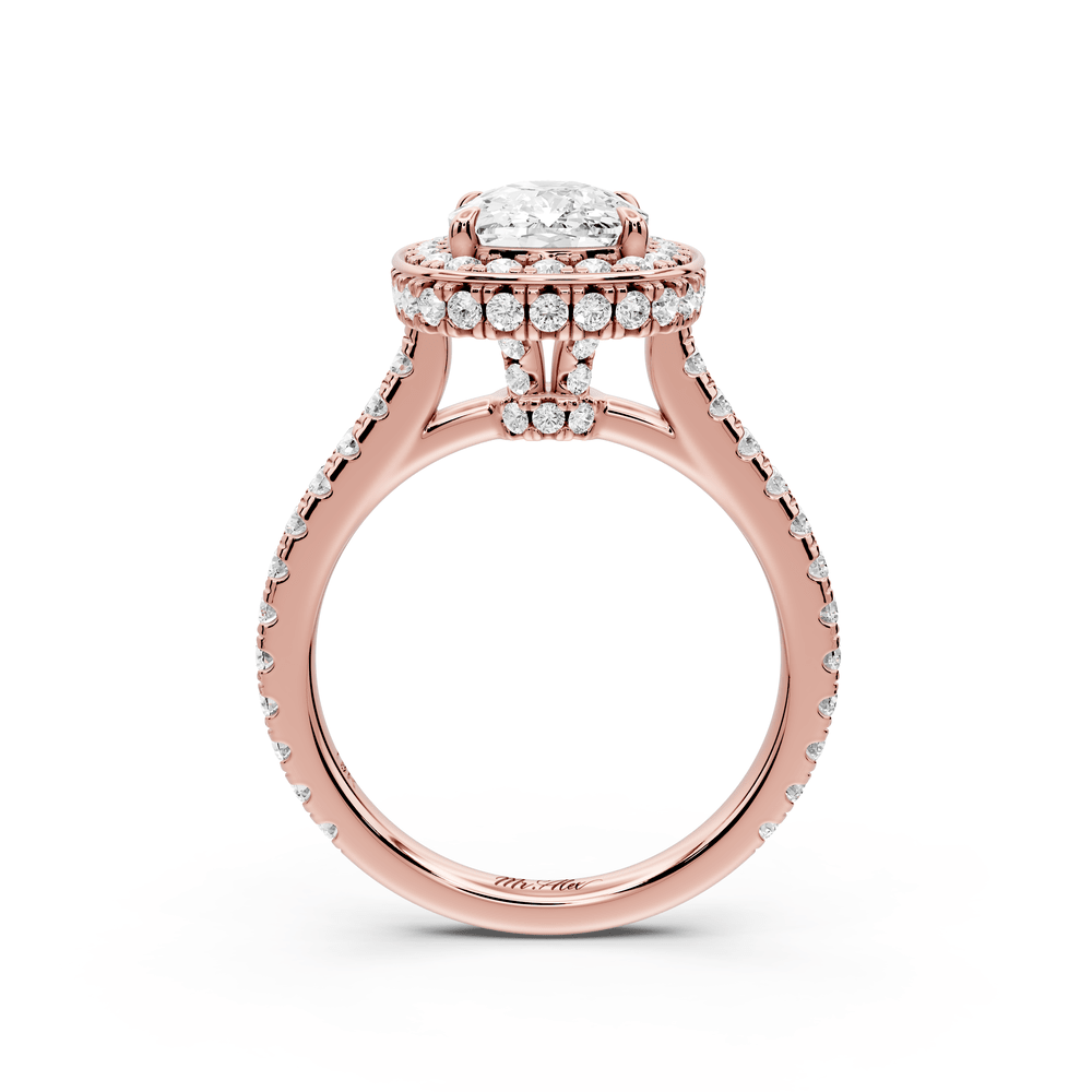 Beatrice - 2ct 18k rose gold ecushion stone in rollover halo with diamond bridge and pavé engagement ring - Mr. Alex Jewelry