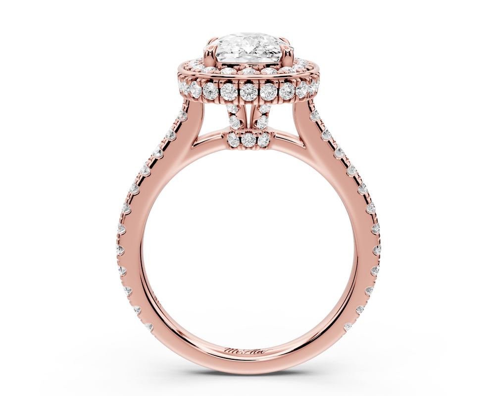 Beatrice - 2ct 18k rose gold ecushion stone in rollover halo with diamond bridge and pavé engagement ring - Mr. Alex Jewelry