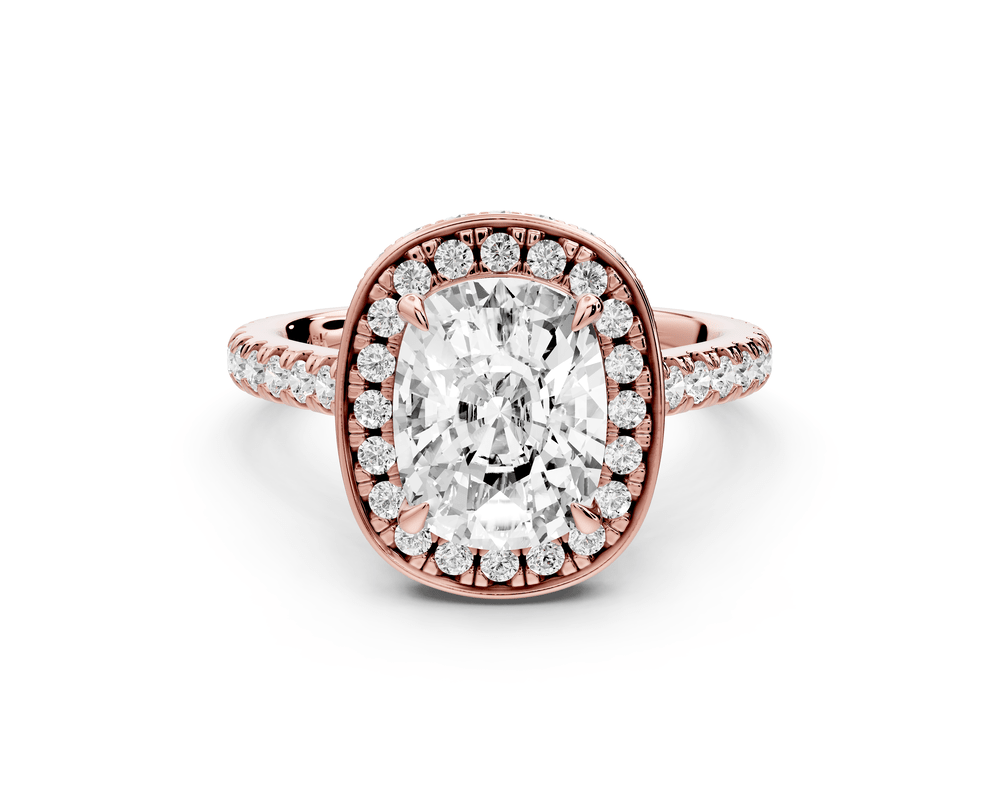 Beatrice - 2ct 18k rose gold ecushion stone in rollover halo with diamond bridge and pavé engagement ring - Mr. Alex Jewelry