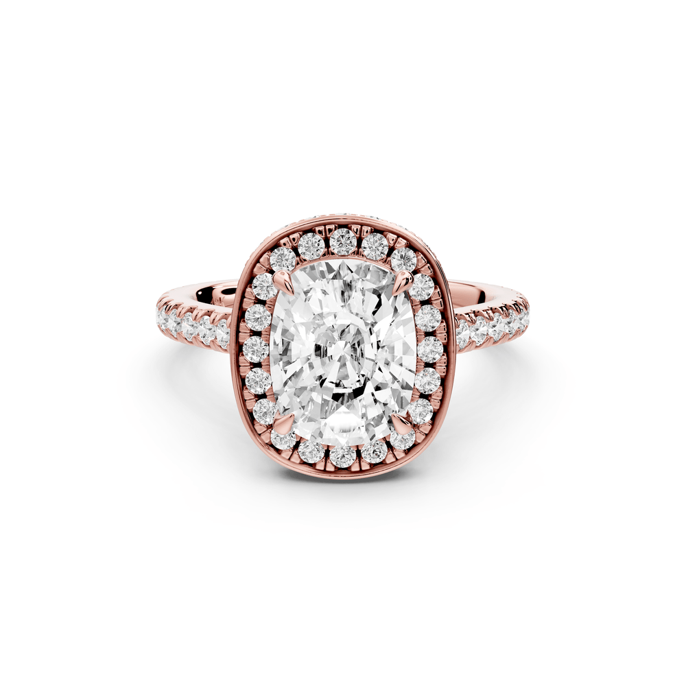 Beatrice - 2ct 18k rose gold ecushion stone in rollover halo with diamond bridge and pavé engagement ring - Mr. Alex Jewelry