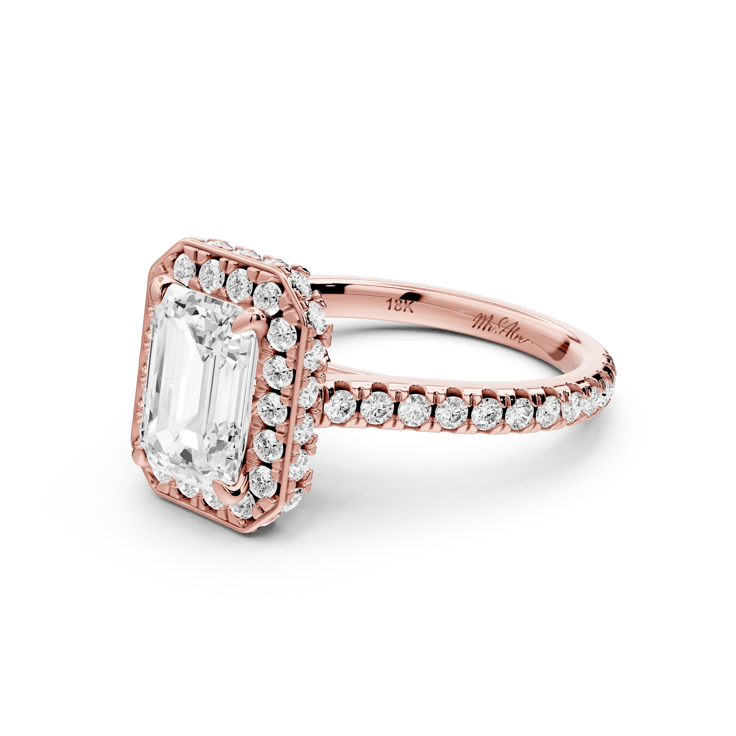 Beatrice - 2ct 18k rose gold emerald stone in rollover halo with diamond bridge and pavé engagement ring - Mr. Alex Jewelry