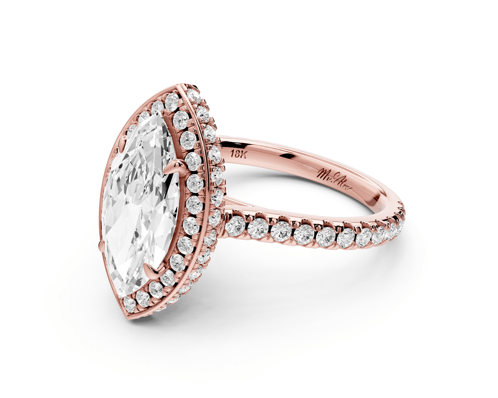 Beatrice - 2ct 18k rose gold marquise stone in rollover halo with diamond bridge and pavé engagement ring - Mr. Alex Jewelry
