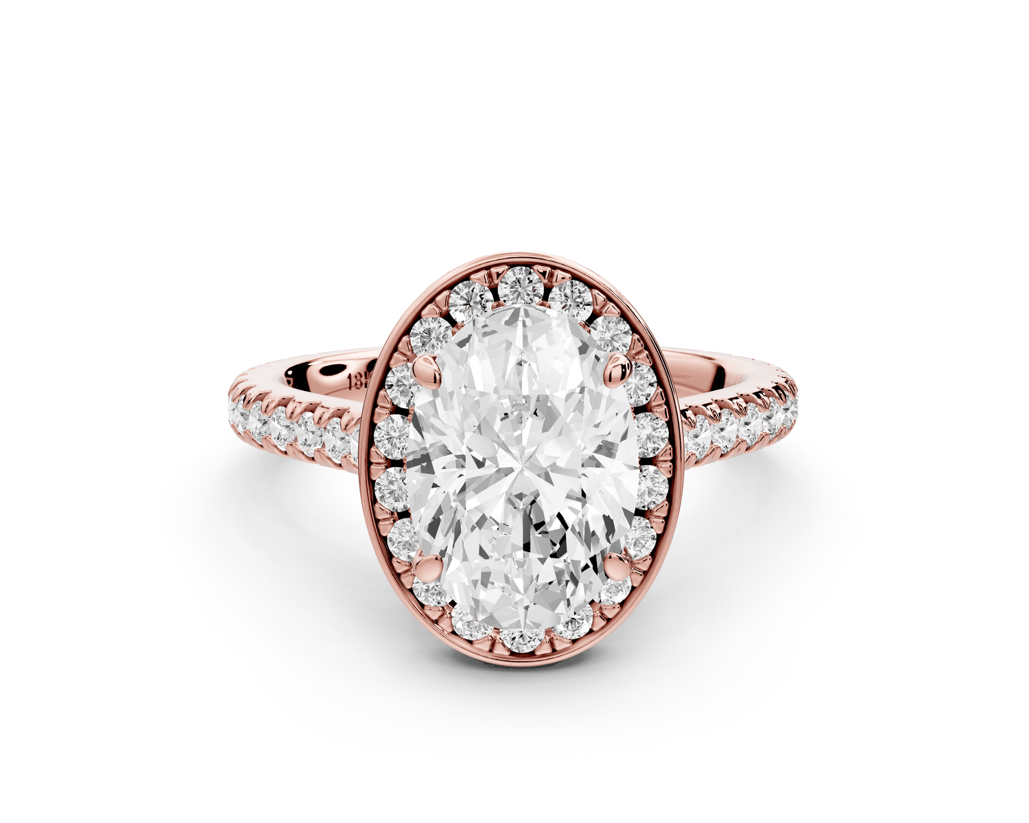 Beatrice - 2ct 18k rose gold oval stone in rollover halo with diamond bridge and pavé engagement ring - Mr. Alex Jewelry