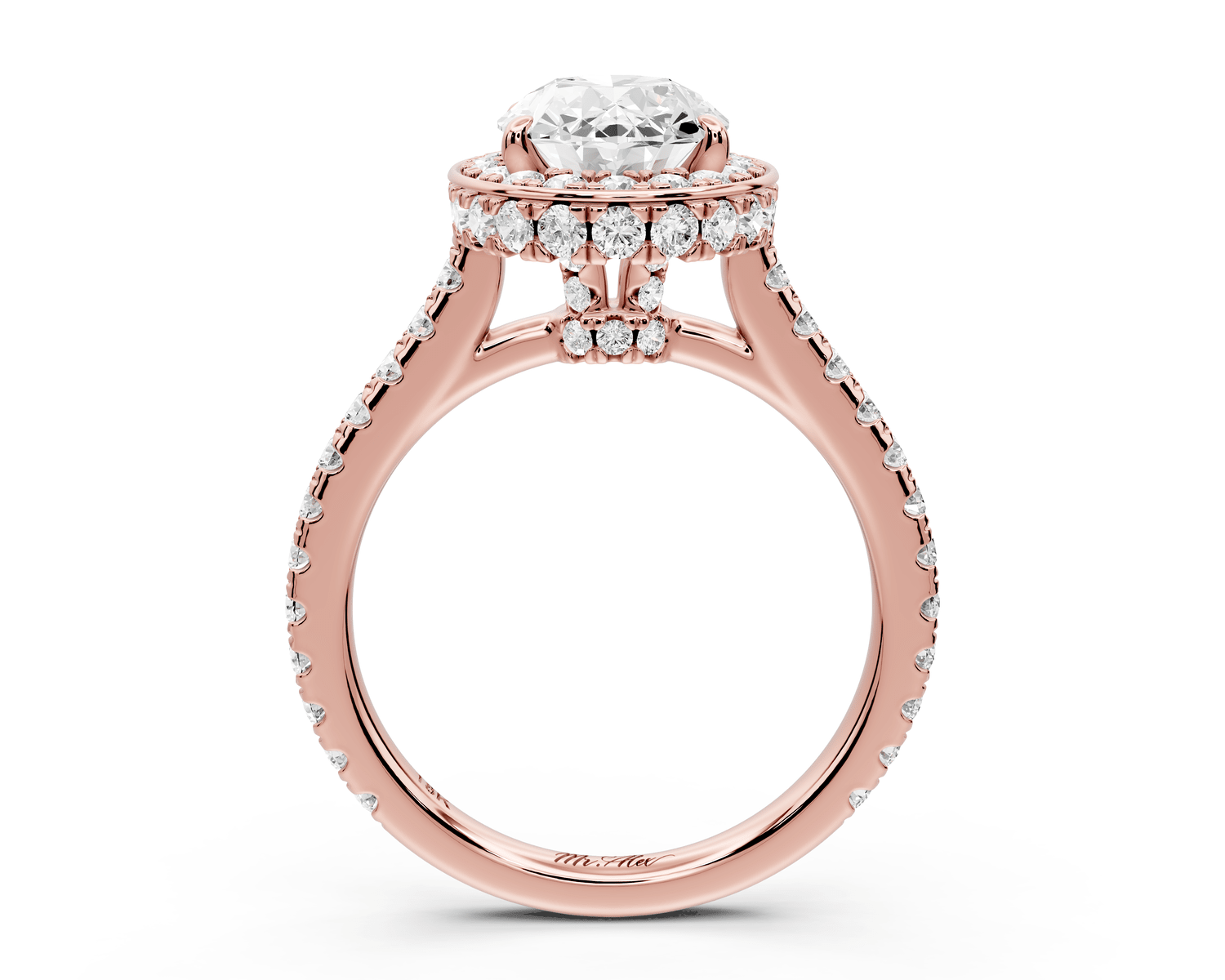 Beatrice - 2ct 18k rose gold oval stone in rollover halo with diamond bridge and pavé engagement ring - Mr. Alex Jewelry
