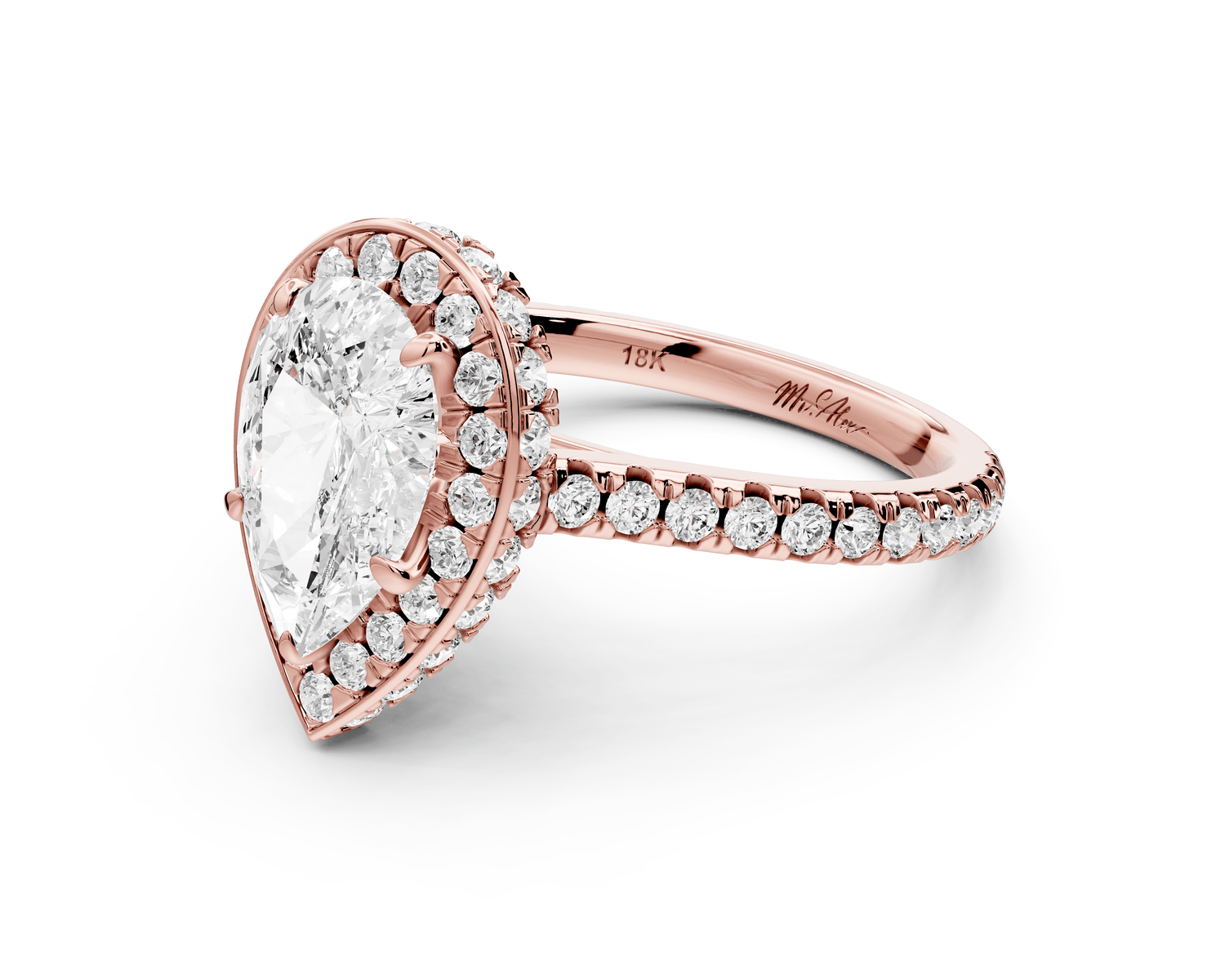 Beatrice - 2ct 18k rose gold pear stone in rollover halo with diamond bridge and pavé engagement ring - Mr. Alex Jewelry