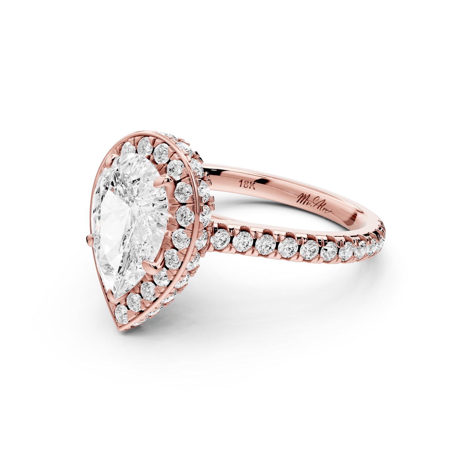 Beatrice - 2ct 18k rose gold pear stone in rollover halo with diamond bridge and pavé engagement ring - Mr. Alex Jewelry