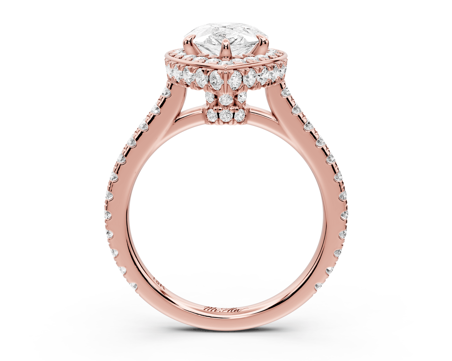 Beatrice - 2ct 18k rose gold pear stone in rollover halo with diamond bridge and pavé engagement ring - Mr. Alex Jewelry