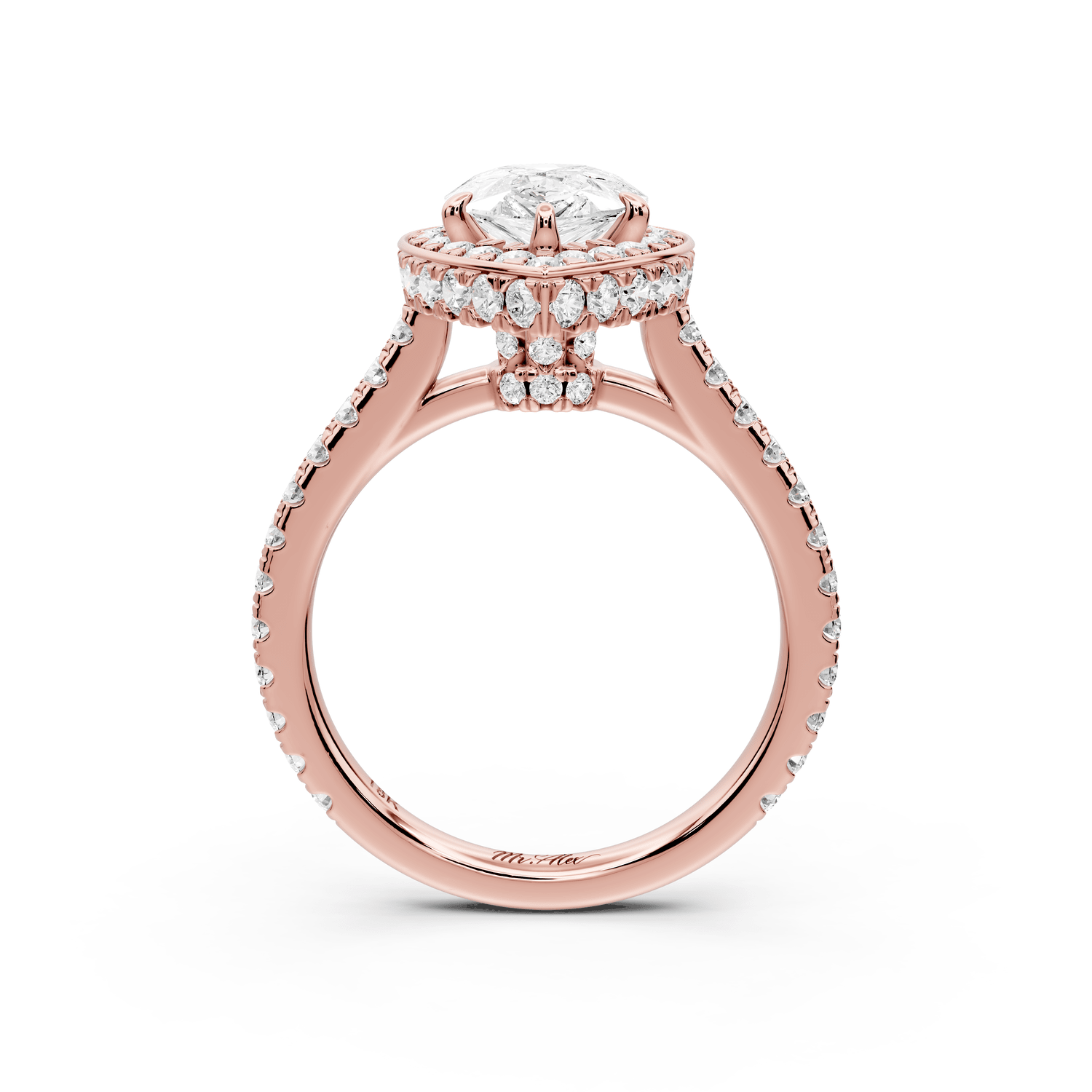 Beatrice - 2ct 18k rose gold pear stone in rollover halo with diamond bridge and pavé engagement ring - Mr. Alex Jewelry