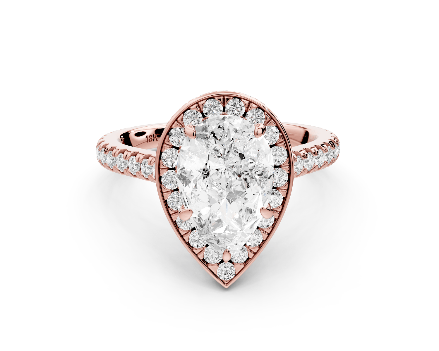 Beatrice - 2ct 18k rose gold pear stone in rollover halo with diamond bridge and pavé engagement ring - Mr. Alex Jewelry