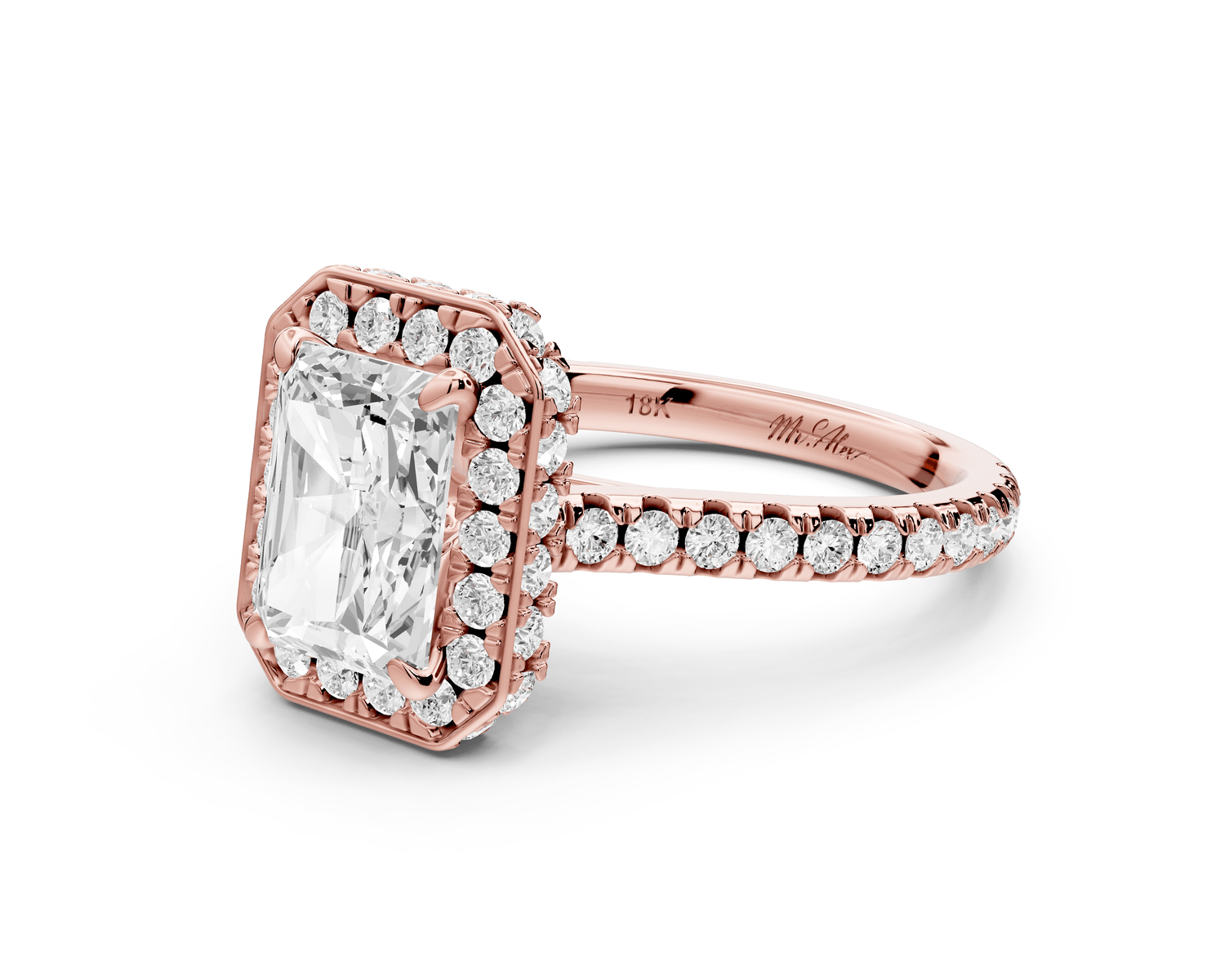 Beatrice - 2ct 18k rose gold radiant stone in rollover halo with diamond bridge and pavé engagement ring - Mr. Alex Jewelry