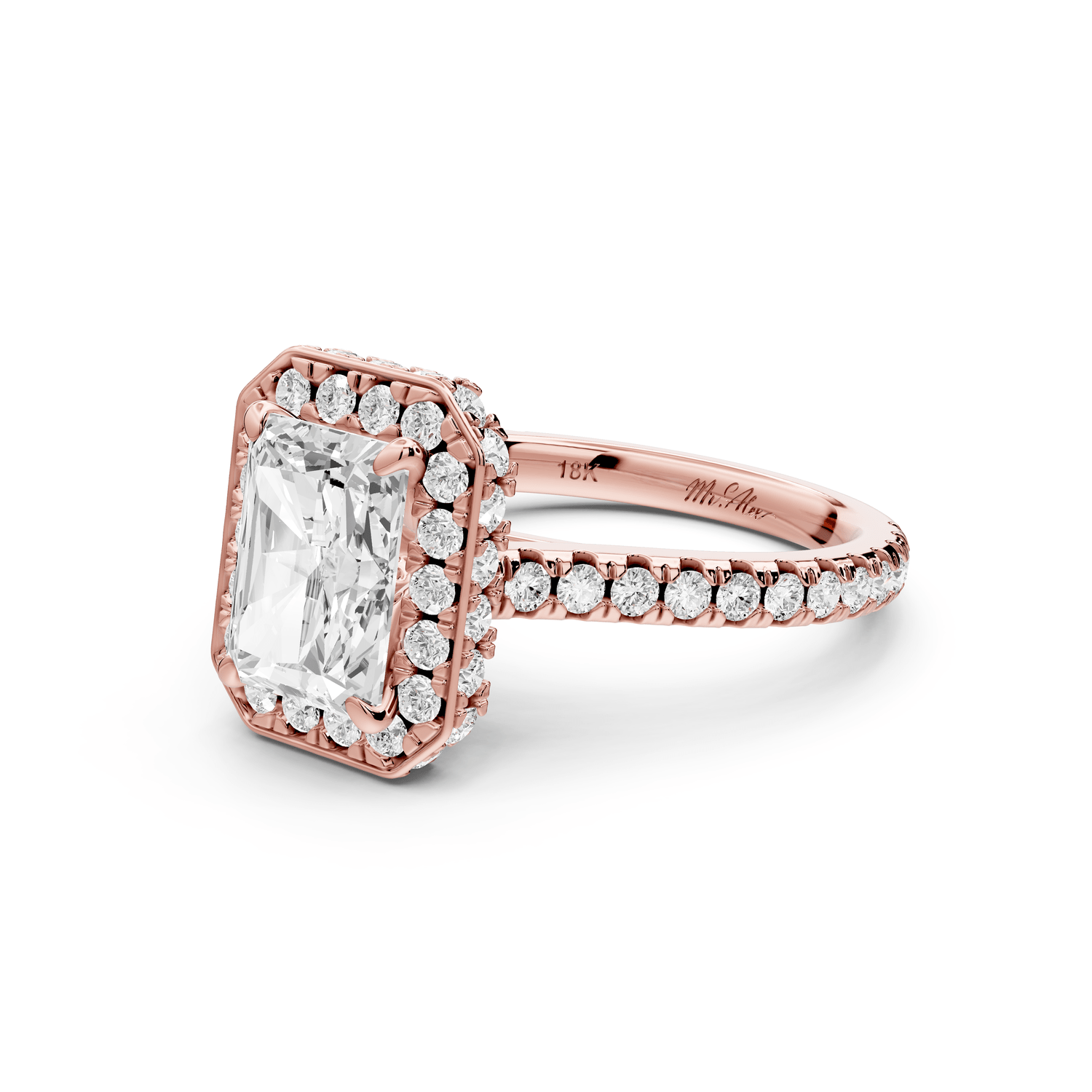 Beatrice - 2ct 18k rose gold radiant stone in rollover halo with diamond bridge and pavé engagement ring - Mr. Alex Jewelry