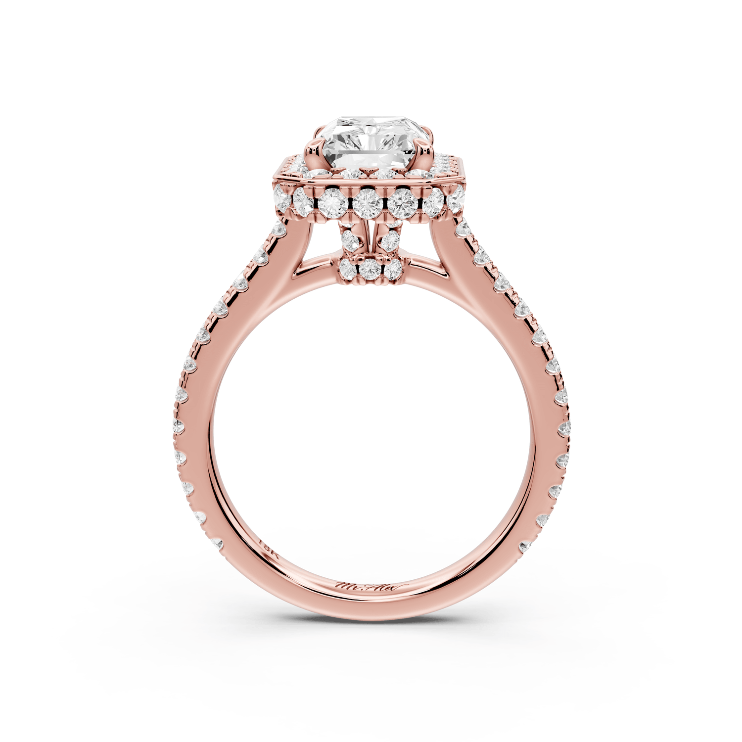 Beatrice - 2ct 18k rose gold radiant stone in rollover halo with diamond bridge and pavé engagement ring - Mr. Alex Jewelry