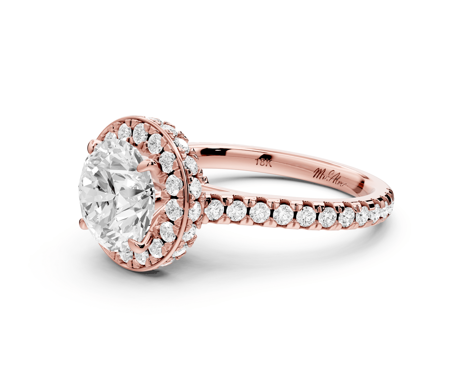 Beatrice - 2ct 18k rose gold round stone in rollover halo with diamond bridge and pavé engagement ring - Mr. Alex Jewelry