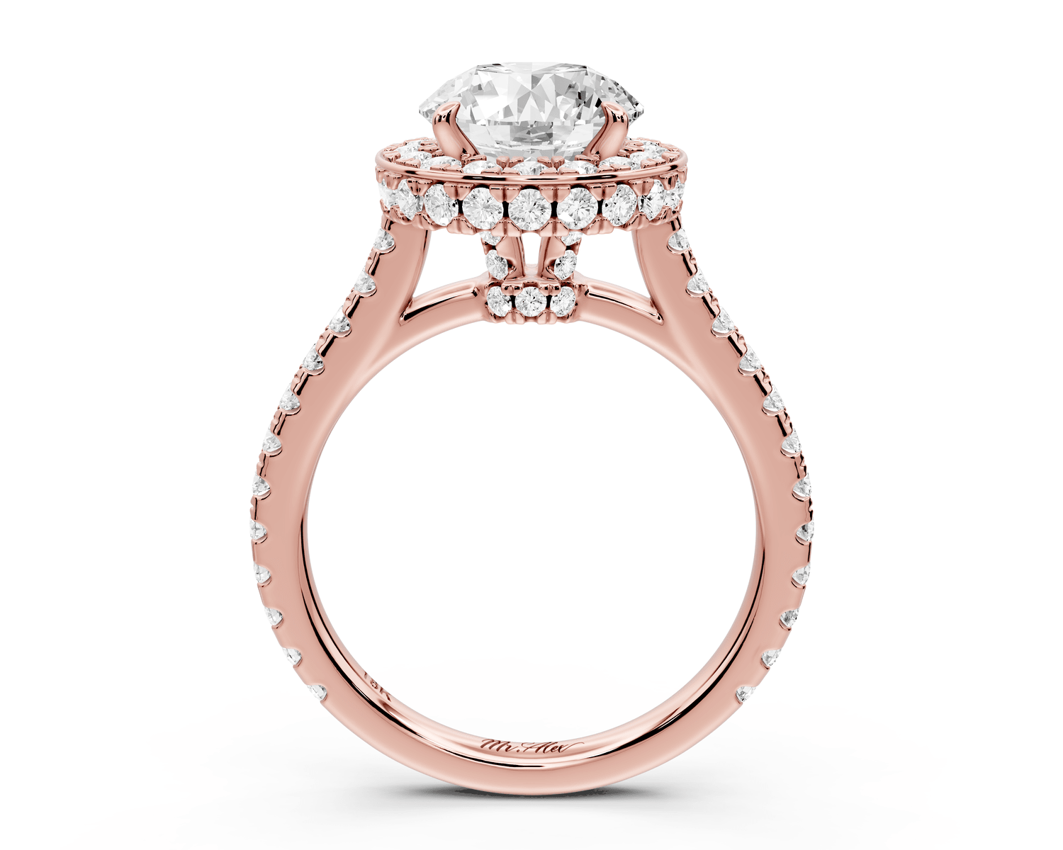 Beatrice - 2ct 18k rose gold round stone in rollover halo with diamond bridge and pavé engagement ring - Mr. Alex Jewelry