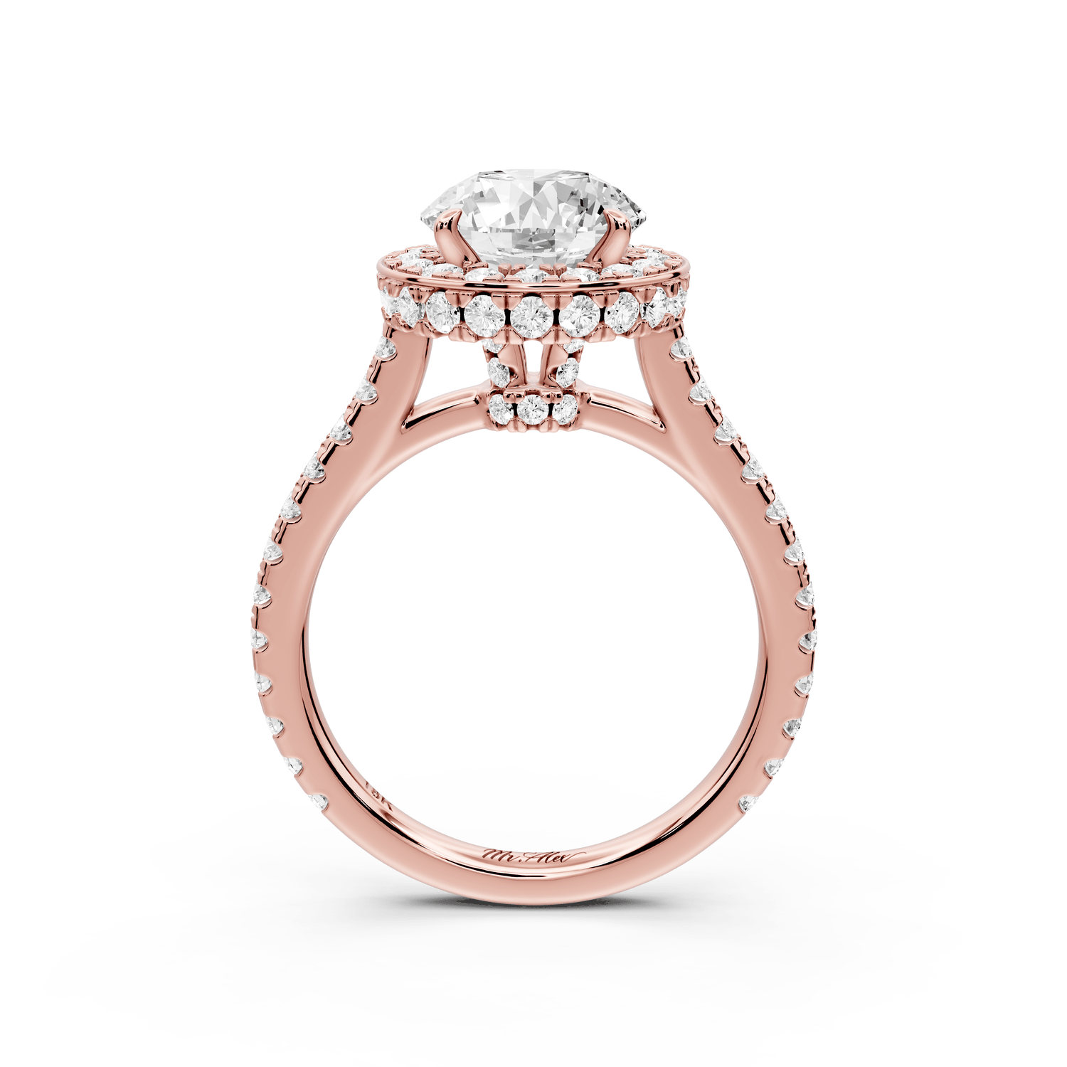 Beatrice - 2ct 18k rose gold round stone in rollover halo with diamond bridge and pavé engagement ring - Mr. Alex Jewelry