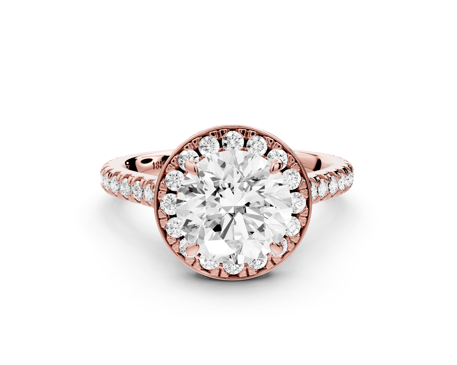 Beatrice - 2ct 18k rose gold round stone in rollover halo with diamond bridge and pavé engagement ring - Mr. Alex Jewelry