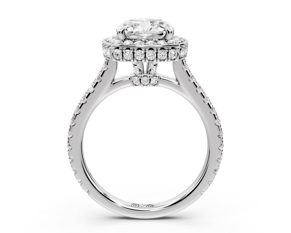 Beatrice - 2ct 18k white gold cushion stone in rollover halo with diamond bridge and pavé engagement ring - Mr. Alex Jewelry