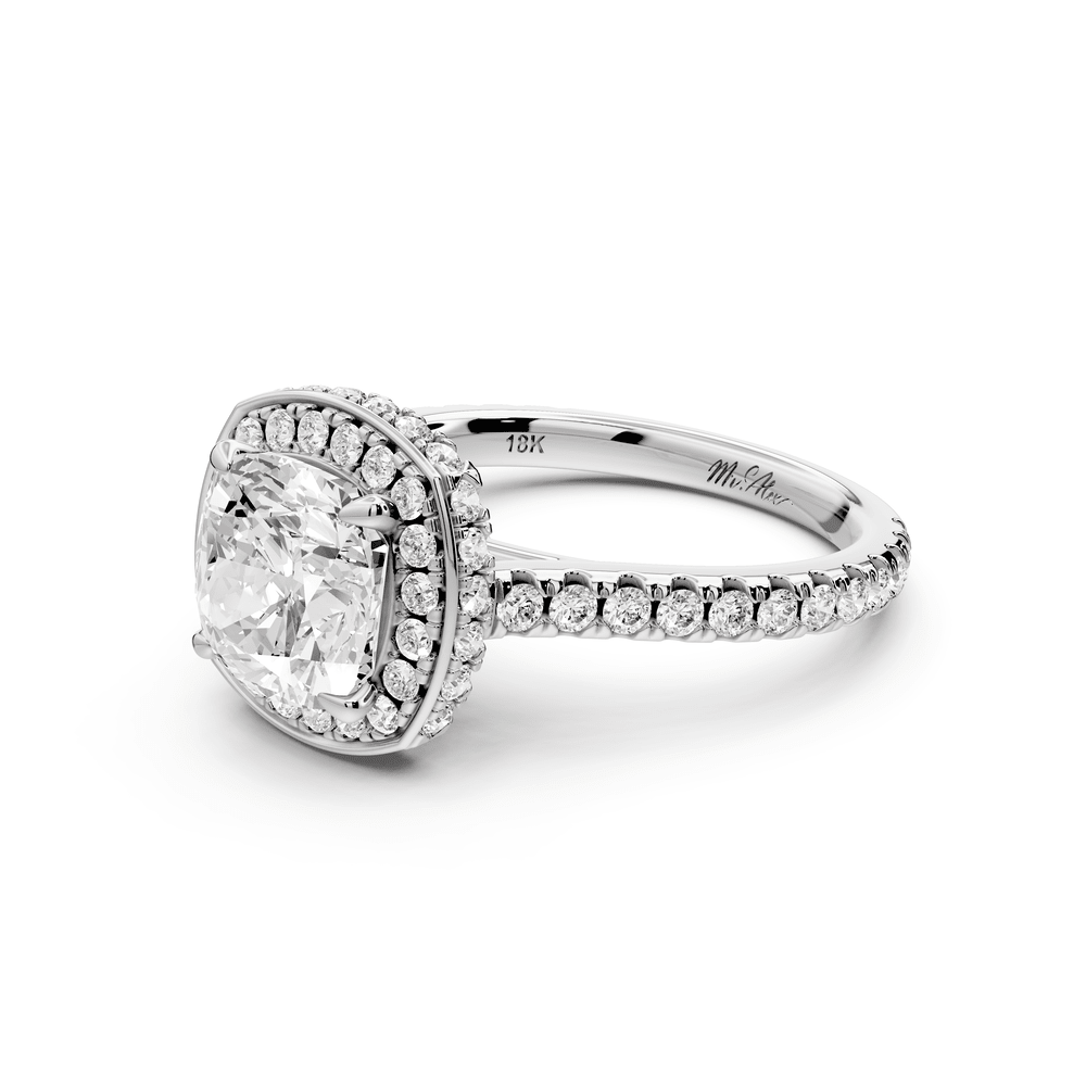 Beatrice - 2ct 18k white gold cushion stone in rollover halo with diamond bridge and pavé engagement ring - Mr. Alex Jewelry