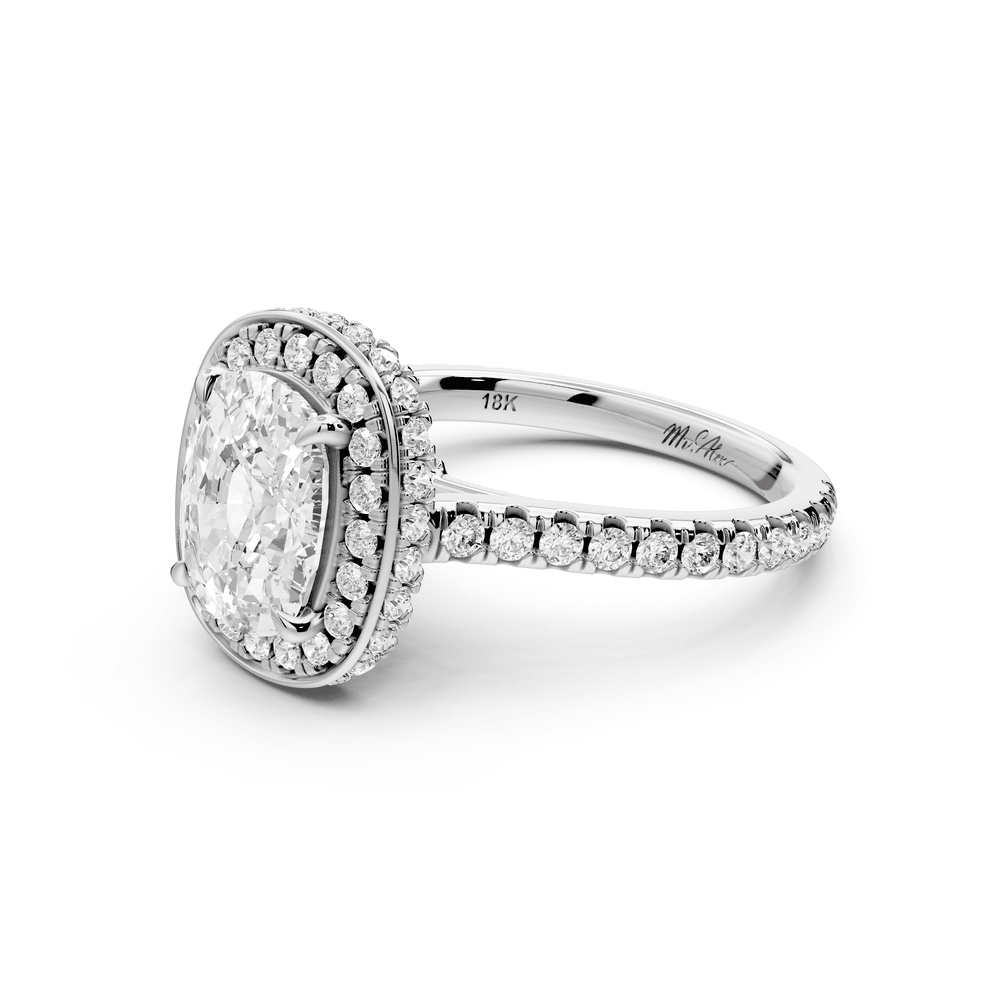 Beatrice - 2ct 18k white gold ecushion stone in rollover halo with diamond bridge and pavé engagement ring - Mr. Alex Jewelry