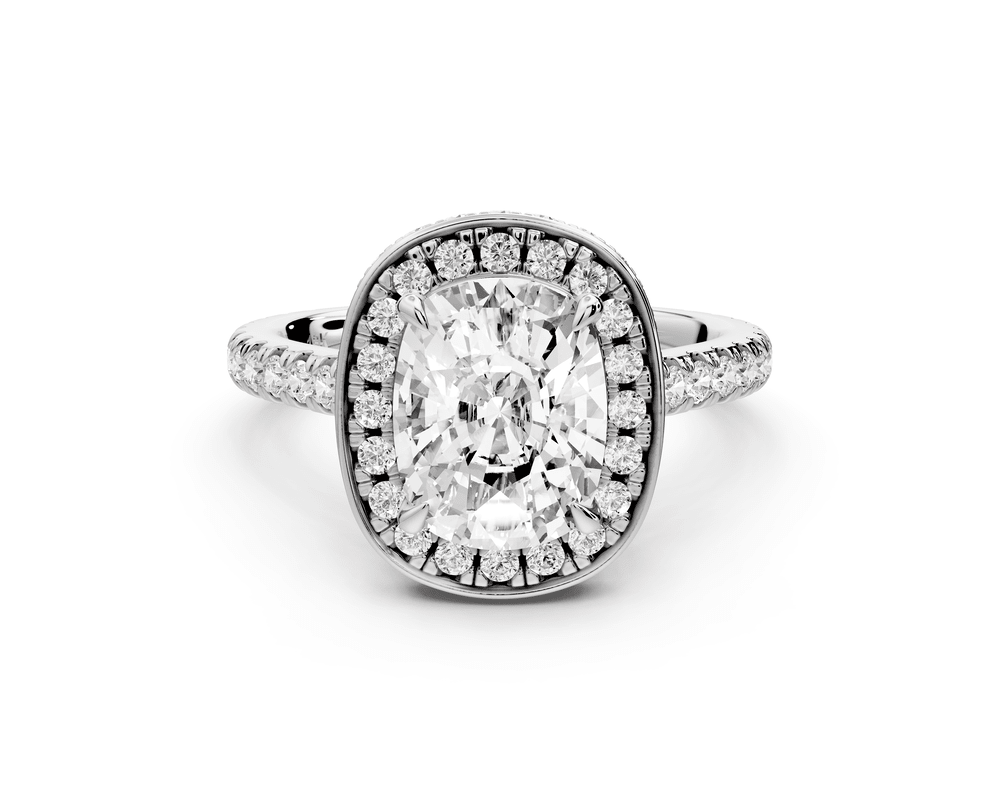 Beatrice - 2ct 18k white gold ecushion stone in rollover halo with diamond bridge and pavé engagement ring - Mr. Alex Jewelry