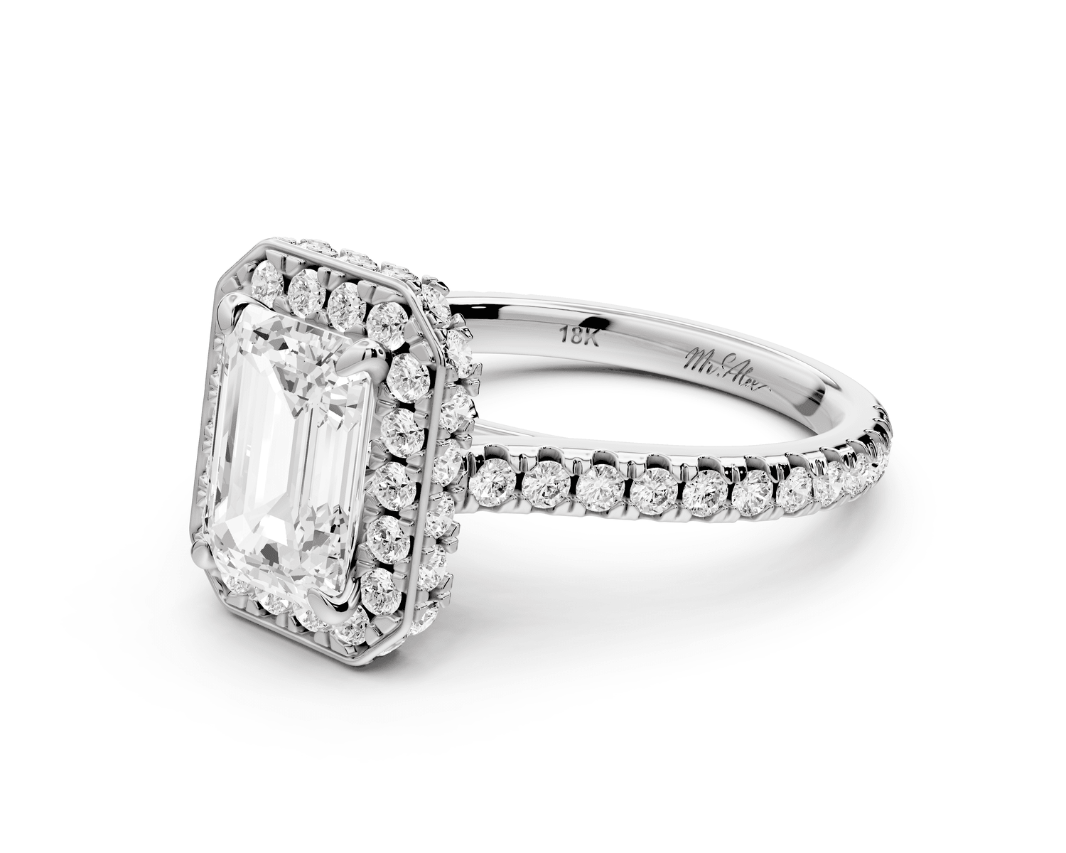 Beatrice - 2ct 18k white gold emerald stone in rollover halo with diamond bridge and pavé engagement ring - Mr. Alex Jewelry