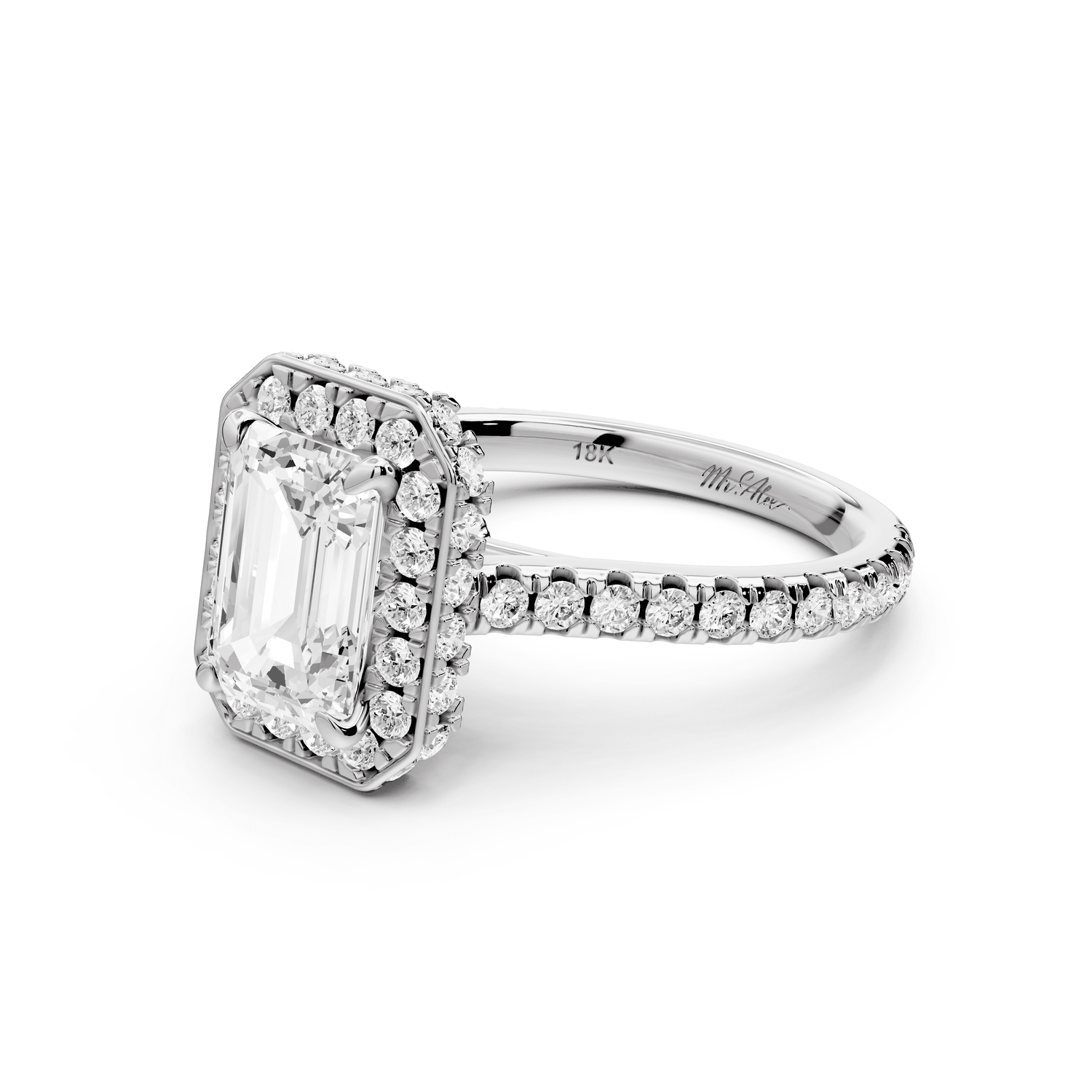 Beatrice - 2ct 18k white gold emerald stone in rollover halo with diamond bridge and pavé engagement ring - Mr. Alex Jewelry