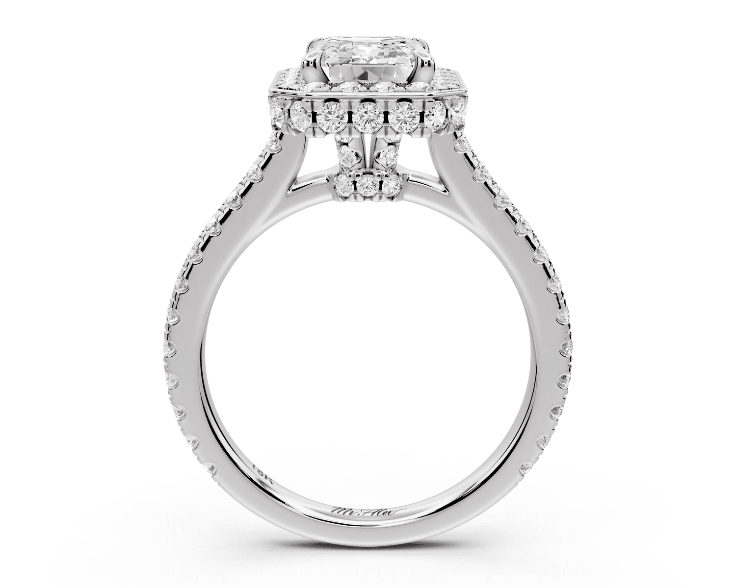 Beatrice - 2ct 18k white gold emerald stone in rollover halo with diamond bridge and pavé engagement ring - Mr. Alex Jewelry