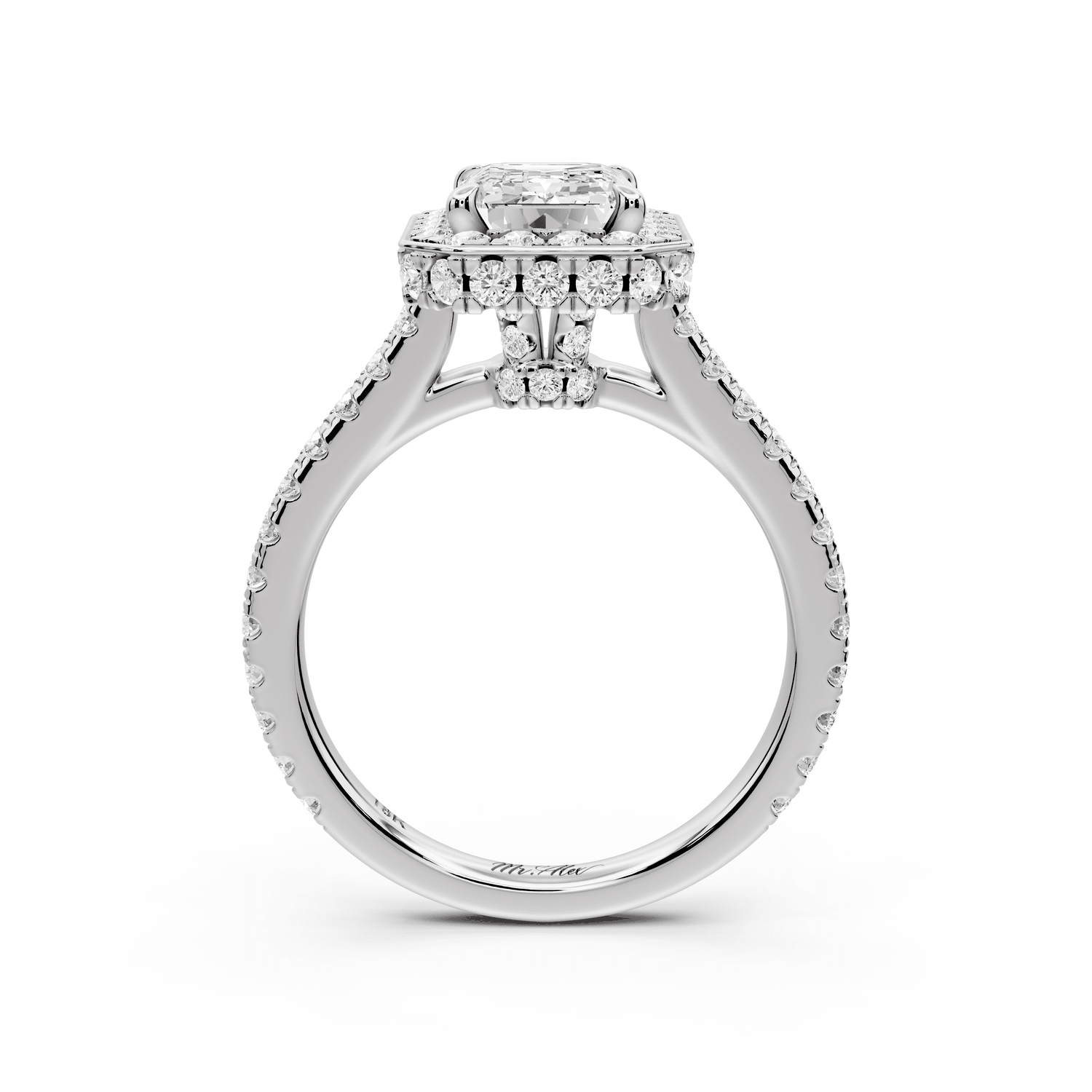 Beatrice - 2ct 18k white gold emerald stone in rollover halo with diamond bridge and pavé engagement ring - Mr. Alex Jewelry