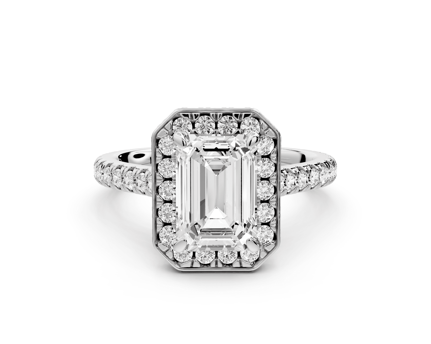 Beatrice - 2ct 18k white gold emerald stone in rollover halo with diamond bridge and pavé engagement ring - Mr. Alex Jewelry