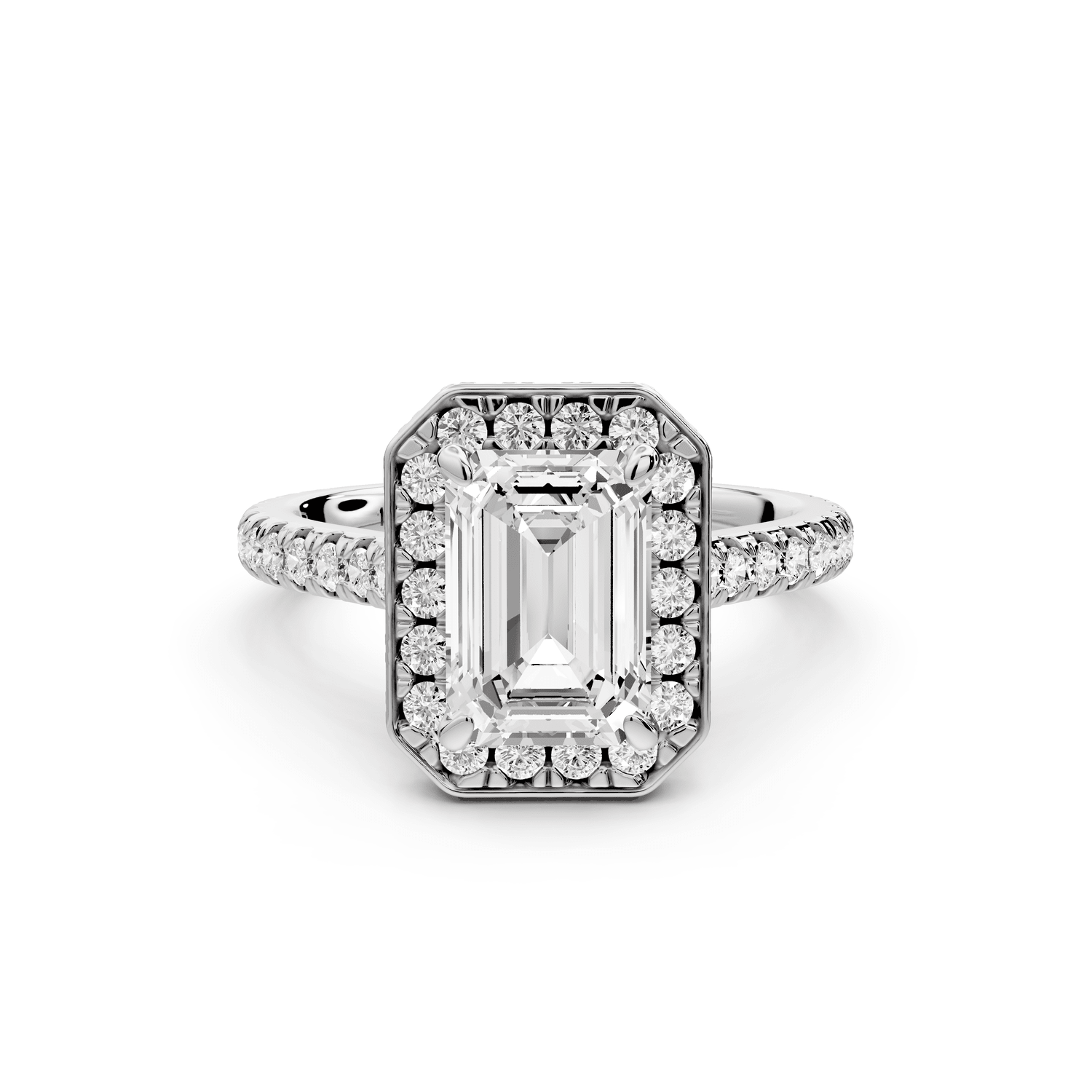 Beatrice - 2ct 18k white gold emerald stone in rollover halo with diamond bridge and pavé engagement ring - Mr. Alex Jewelry