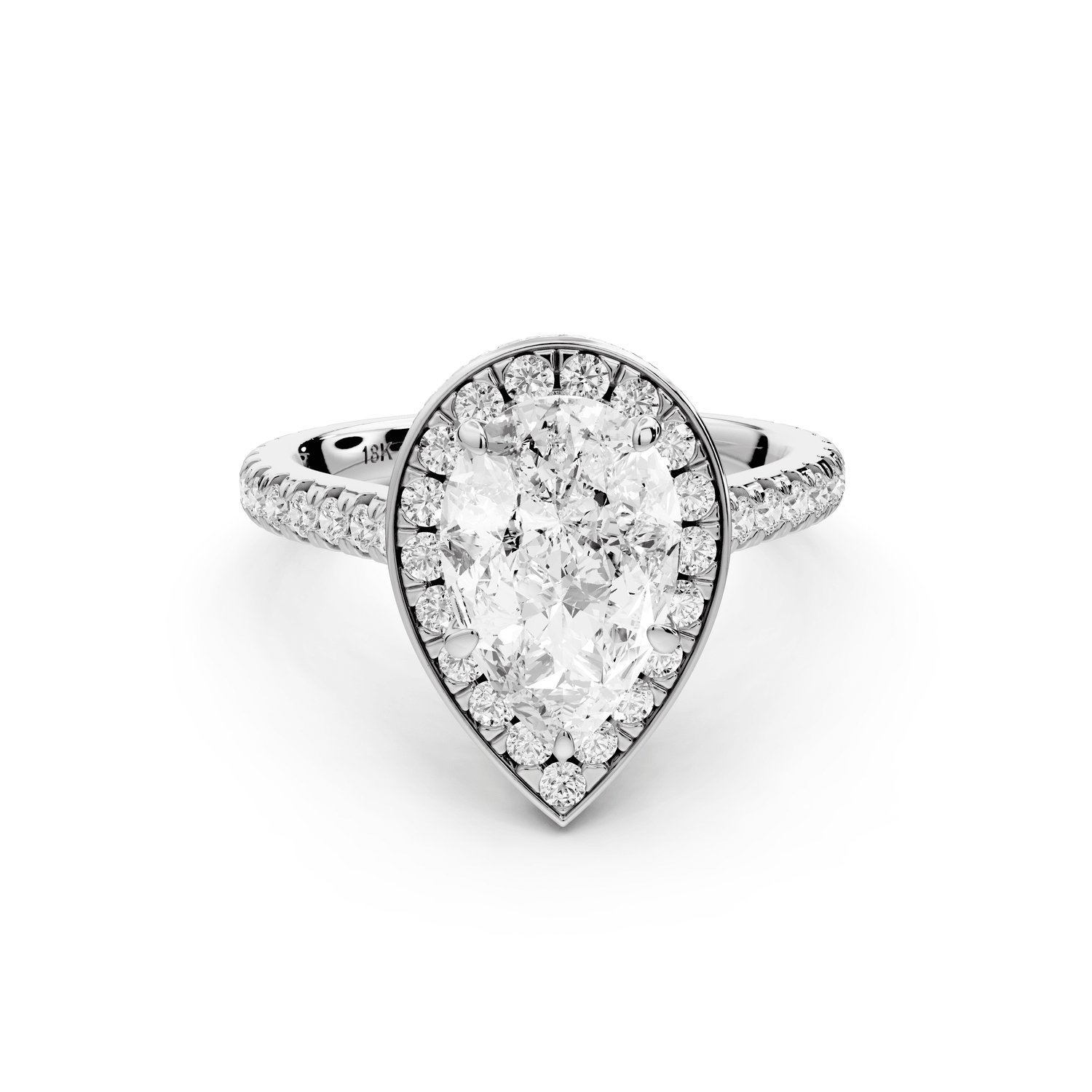 Beatrice - 2ct 18k white gold pear stone in rollover halo with diamond bridge and pavé engagement ring - Mr. Alex Jewelry