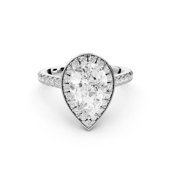 Beatrice - 2ct 18k white gold pear stone in rollover halo with diamond bridge and pavé engagement ring - Mr. Alex Jewelry