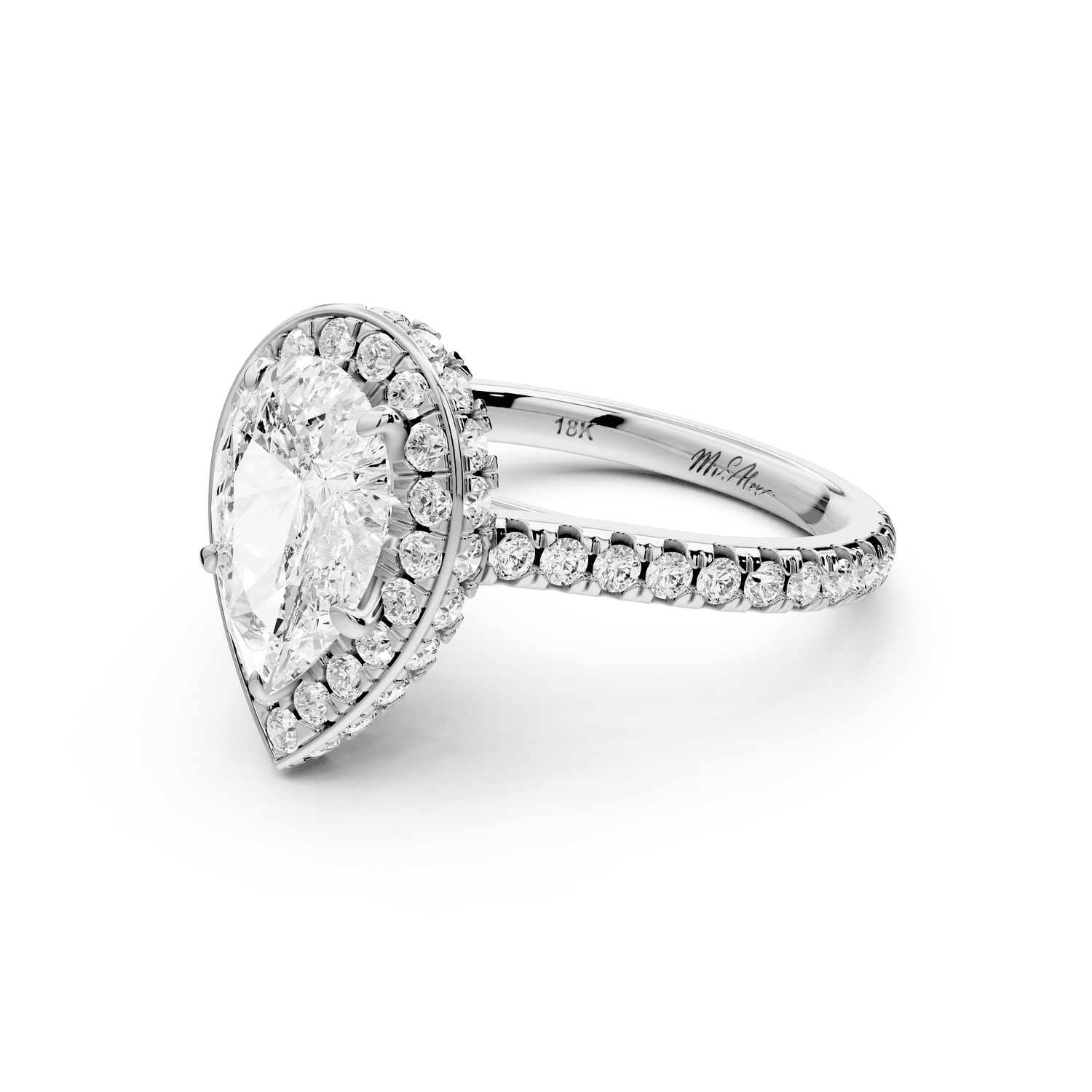 Beatrice - 2ct 18k white gold pear stone in rollover halo with diamond bridge and pavé engagement ring - Mr. Alex Jewelry