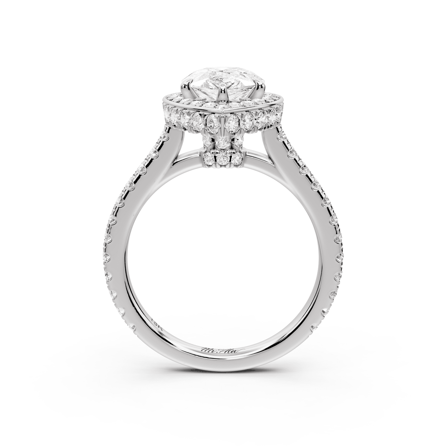Beatrice - 2ct 18k white gold pear stone in rollover halo with diamond bridge and pavé engagement ring - Mr. Alex Jewelry